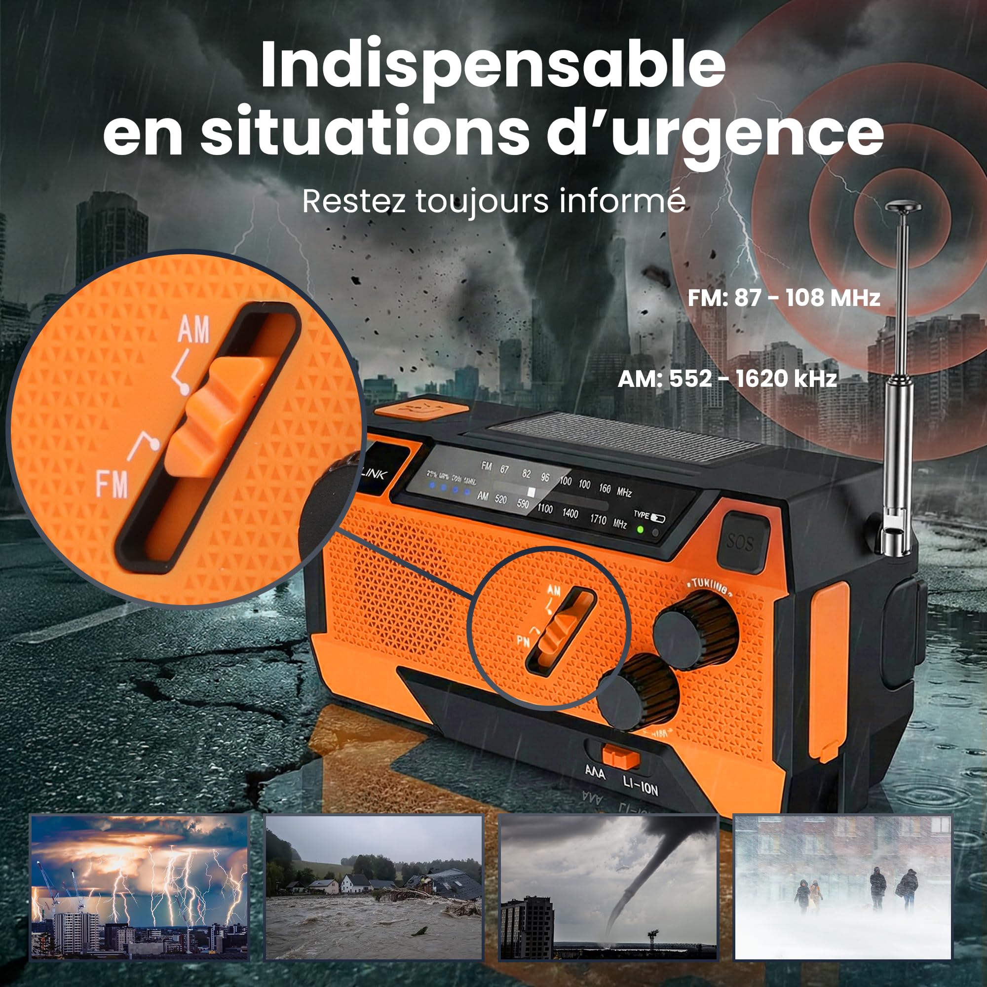 Radio Portable d'Urgence à Manivelle avec Panneau Solaire 4000mAh FM/AM Torche LED SOS Extralink
