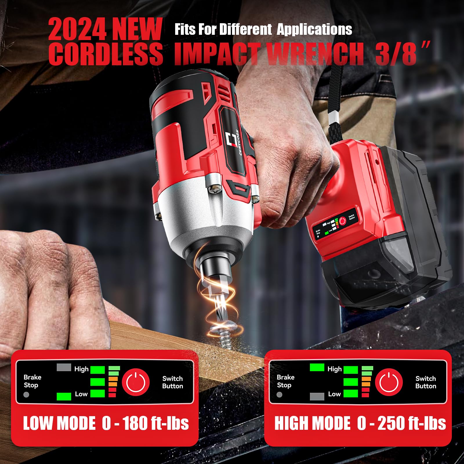 Cerycose Mil-wau-kee 18 V 250 FT-LBS 18 V 250 FT-LBS kompaktowy pistolet udarowy 3/8 cala bezszczotkowy elektryczny z oświetleniem roboczym LED, klucz udarowy