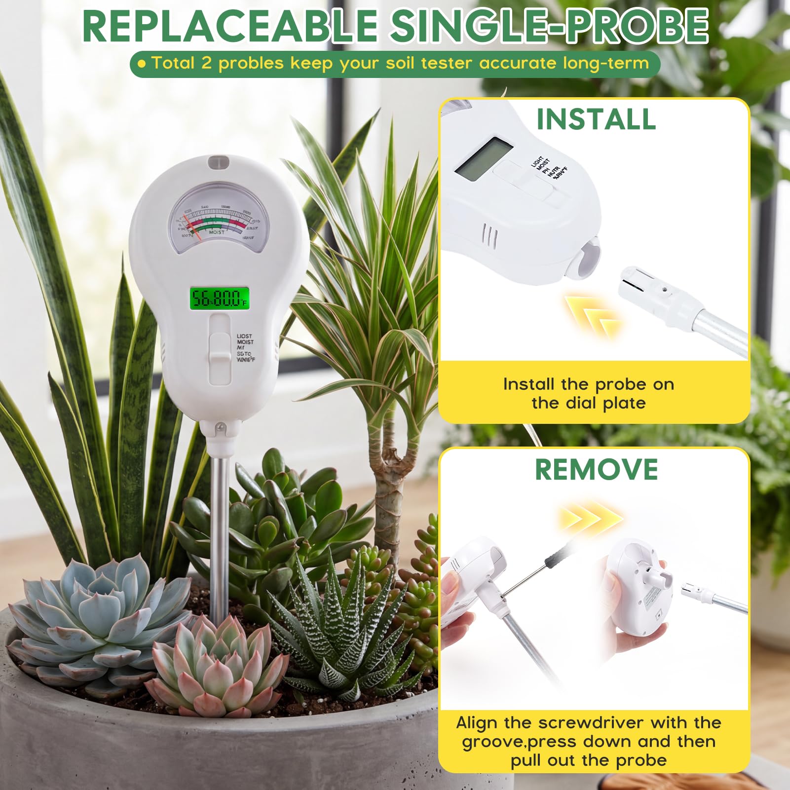 Medidor de Humedad del Suelo 6 en 1 Medidor de pH de Suelo Preciso Fertilidad/PH/Humedad/Temperatura/Humedad Ambiental/Luz Probador de Suelo con Problema Extraíble para Plantas Interior Exterior