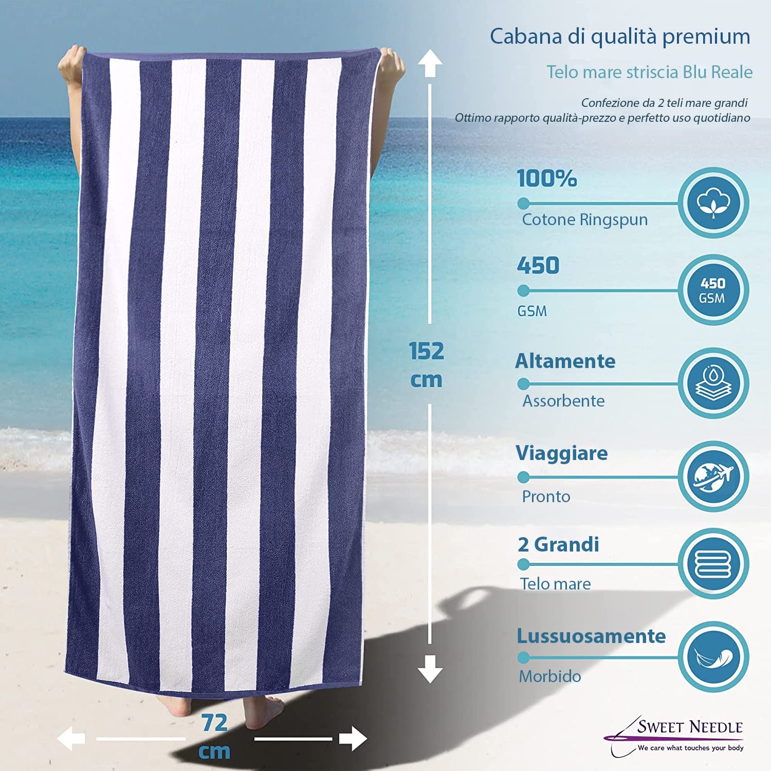 Sweet Needle Asciugamani da spiaggia - Asciugamani da spiaggia Blu reale di qualità Premium - Confezione da 2 (76x152 cm) - 100% cotone Ringspun, pesante (450 GSM) e altamente assorbente