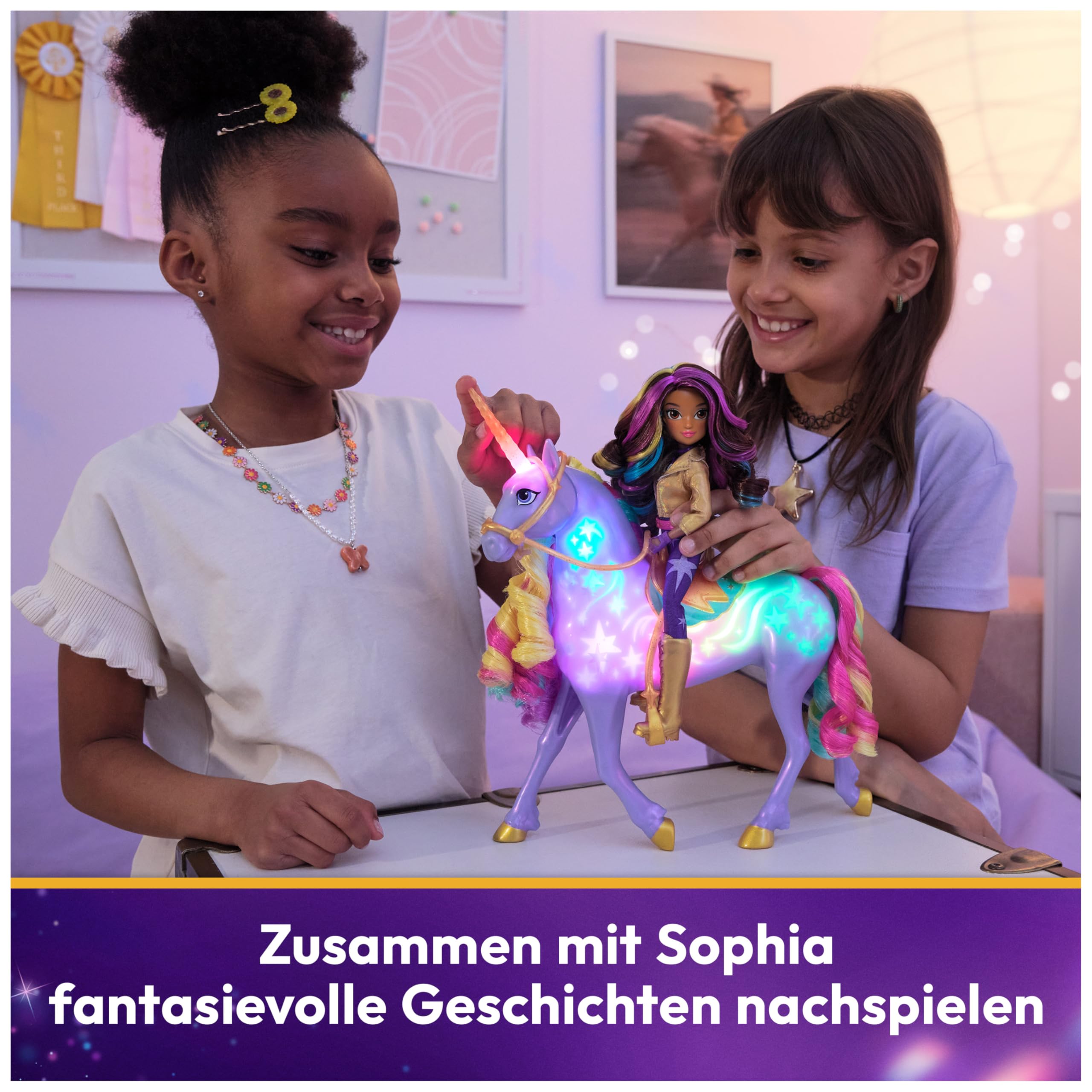 Unicorn Academy - Sophia und Licht-Magie Wildstar Deluxe Set, 28 cm Einhorn mit Lichteffekten und Musik, 24 cm Ankleidepuppe, passend zur Netflix Serie, ab 4 Jahren