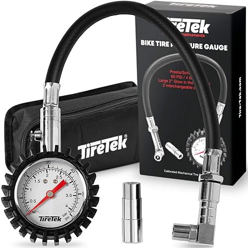 TIRETEK Medidor de presión de neumáticos para automóviles de 60 PSI - con válvula Presta, válvula Schrader y bolsa de almacenamiento, medidores de