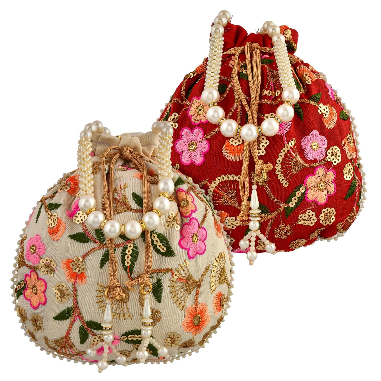 Kuber Industries Potli|Silk Wedding Potli|Christmas Gift Potli|Baby Shower Potli|Traditional Shagun Potli|Drawstring with Beads Handle Potli|New Flower Embroidery Potli|Pack of 2|Multi (B0CPFLYSZT) Amazon Price History, Amazon Price Tracker