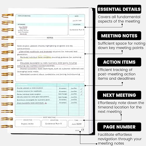 Miniatura 2 de Cuaderno de reuniones para el trabajo con artículos de acción de 5.5 x 8.5 pulgadas, planificador de reuniones en espiral de tapa dura para oficina,