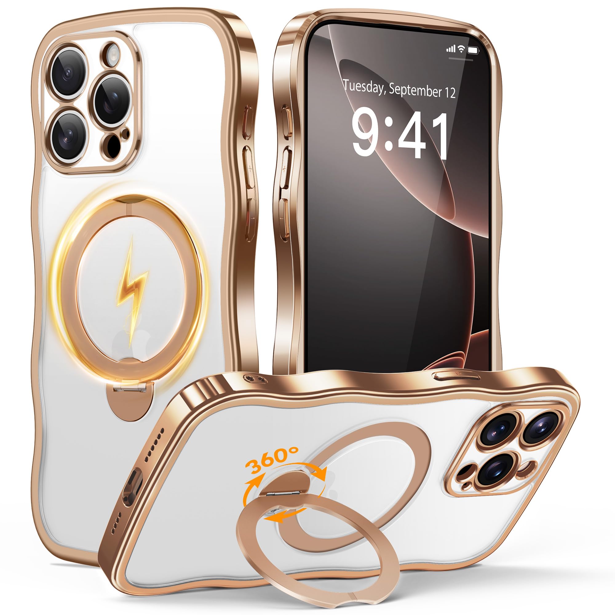 GolbinBox for iPhone 15 Pro Max Case with Magnetic Ring Stand and Wavy Edge