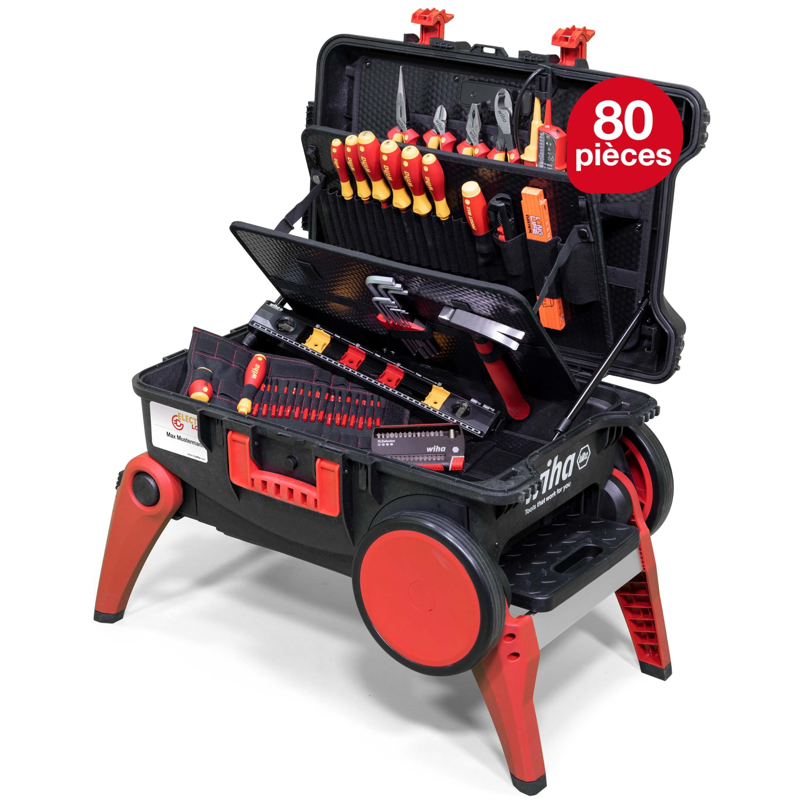 WIHA WERKZEUGE GMBH Juego de caja de herramientas XXL 4 electric de 80 unid. incl. caja de herramientas | (45734) Electrician tool case with wheels I tool box with extensive assortment I additional storage space