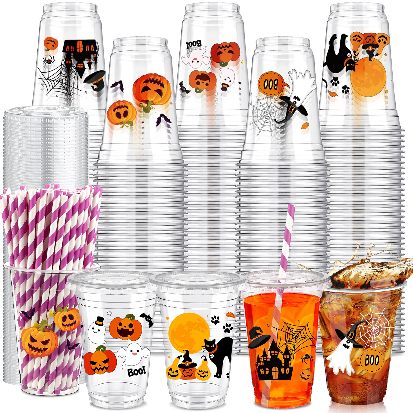 Tanlade 300 Pcs/ 100 Sets Plastic Halloween Cups with Lids and Paper Straws 16oz Halloween Clear Plastic Cups Bulk Disposable Drinking Cups for Halloween Party Cold Beverages Drinks