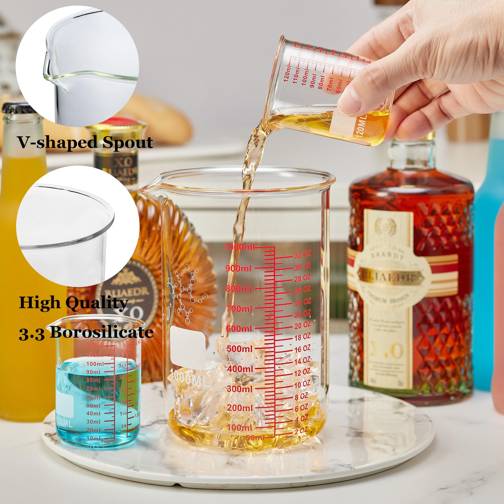 Vaso medidor de vidrio de borosilicato alto, boquilla en forma de V, vaso medidor de vidrio de 120 ml, utensilios de cocina para cocina o restaurante, fácil de leer (paquete de 2)