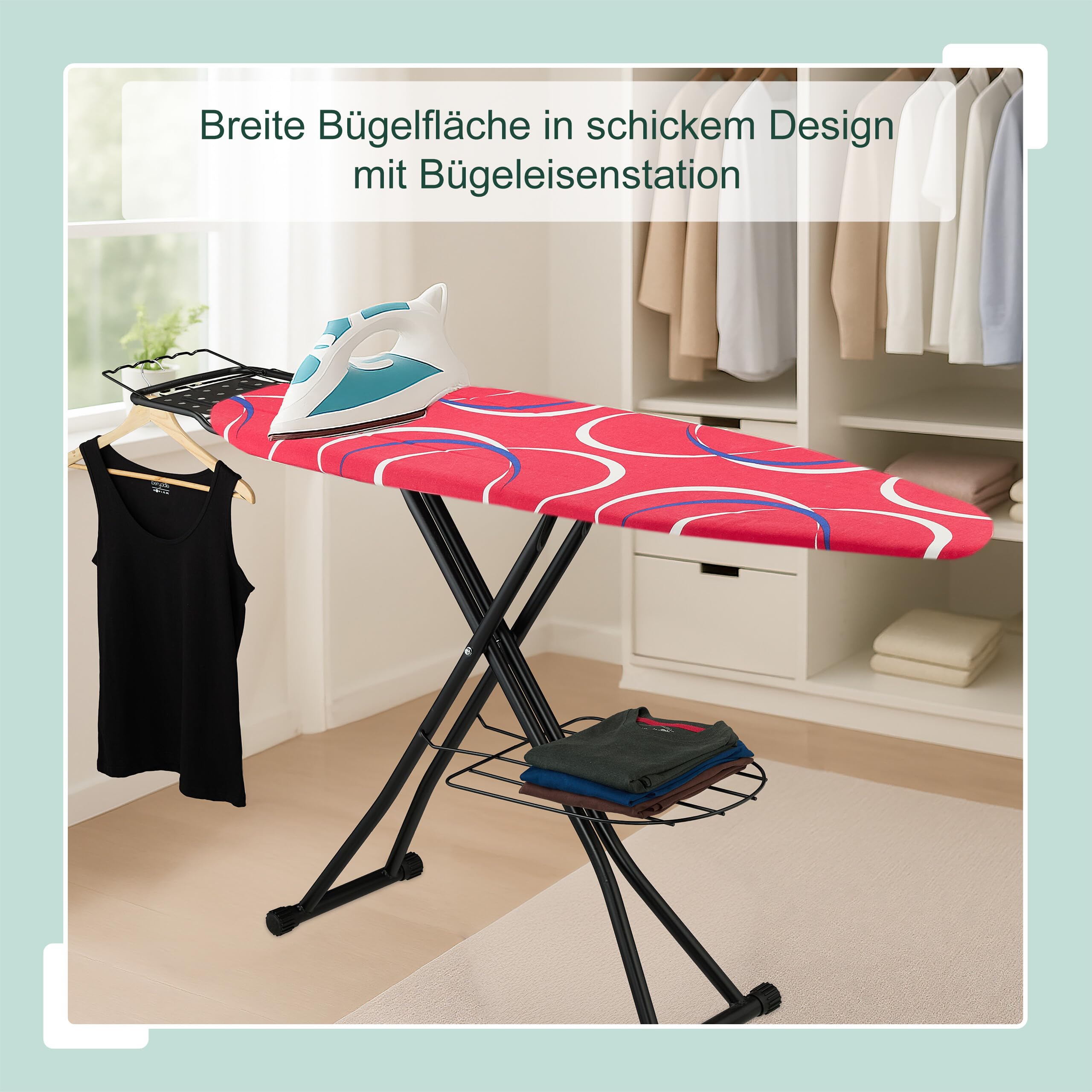 Relaxdays Bügelbrett für Dampfbügeleisen, 110 x 33 cm, höhenverstellbar, klappbar, Kleiderablagen, Bügeltisch, rot