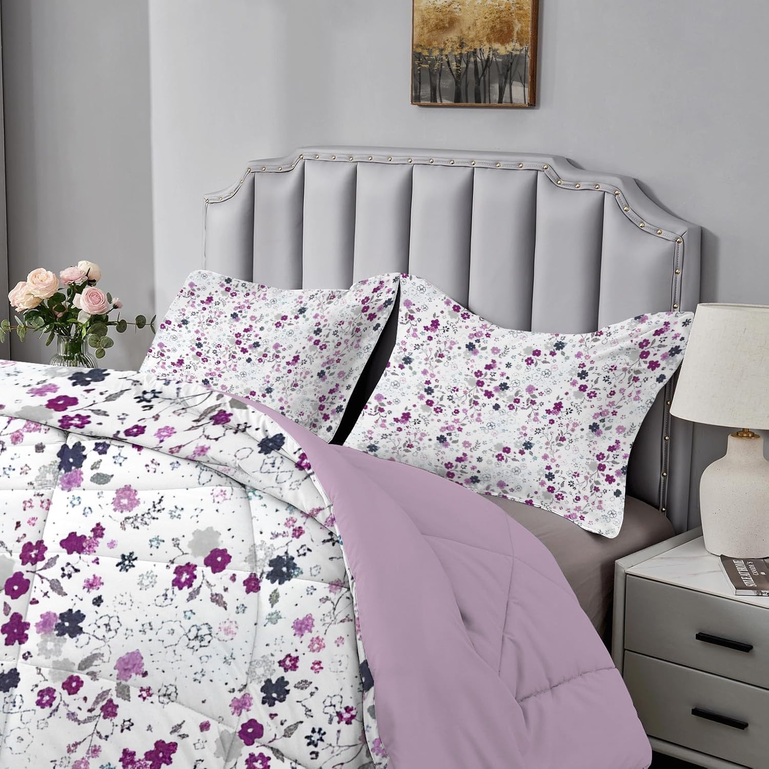 Qiwagu White-2 White Queen Size Duvet, Coverless Duvet 7.5 Tog With Purple Floral Pattern, Soft Lightweight Comforter Set For Autumn Summer, 1 Quilt 228X228cm With 2 Pillowcases, Machine Washable