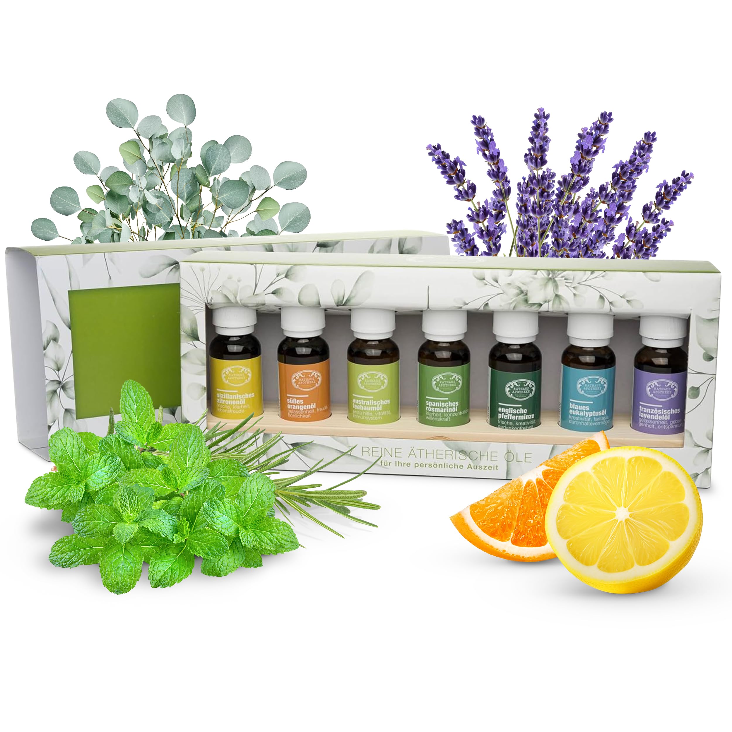 ätherische Öle Set [FÜR IHRE PERSÖNLICHE AUSZEIT] - 7 x 20 ml Aromatherapieöl - Apothekenqualität - Geschenkbox für Weihnachten, Valentinstag, Ostern, Geburtstag