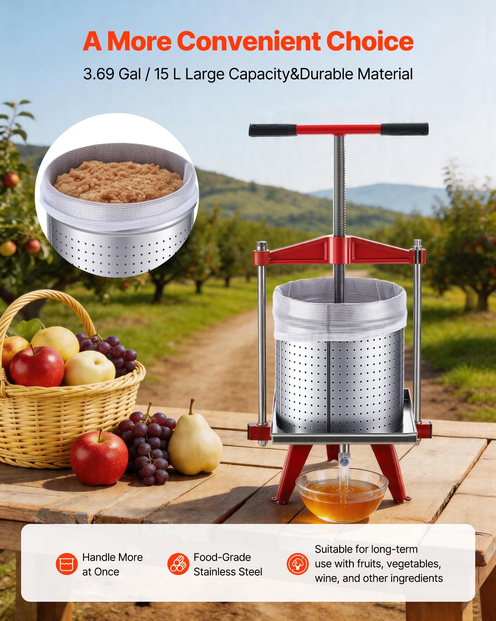 VEVOR Pressa Manuale Premitutto per Vino, Torchio Premitutto per Frutte in Acciaio Inox 15 Litri per Mele UVA Arance Verdure 40 X 32 X 61 cm, Torchio Manuale da Cucina con Manico a Forma di T
