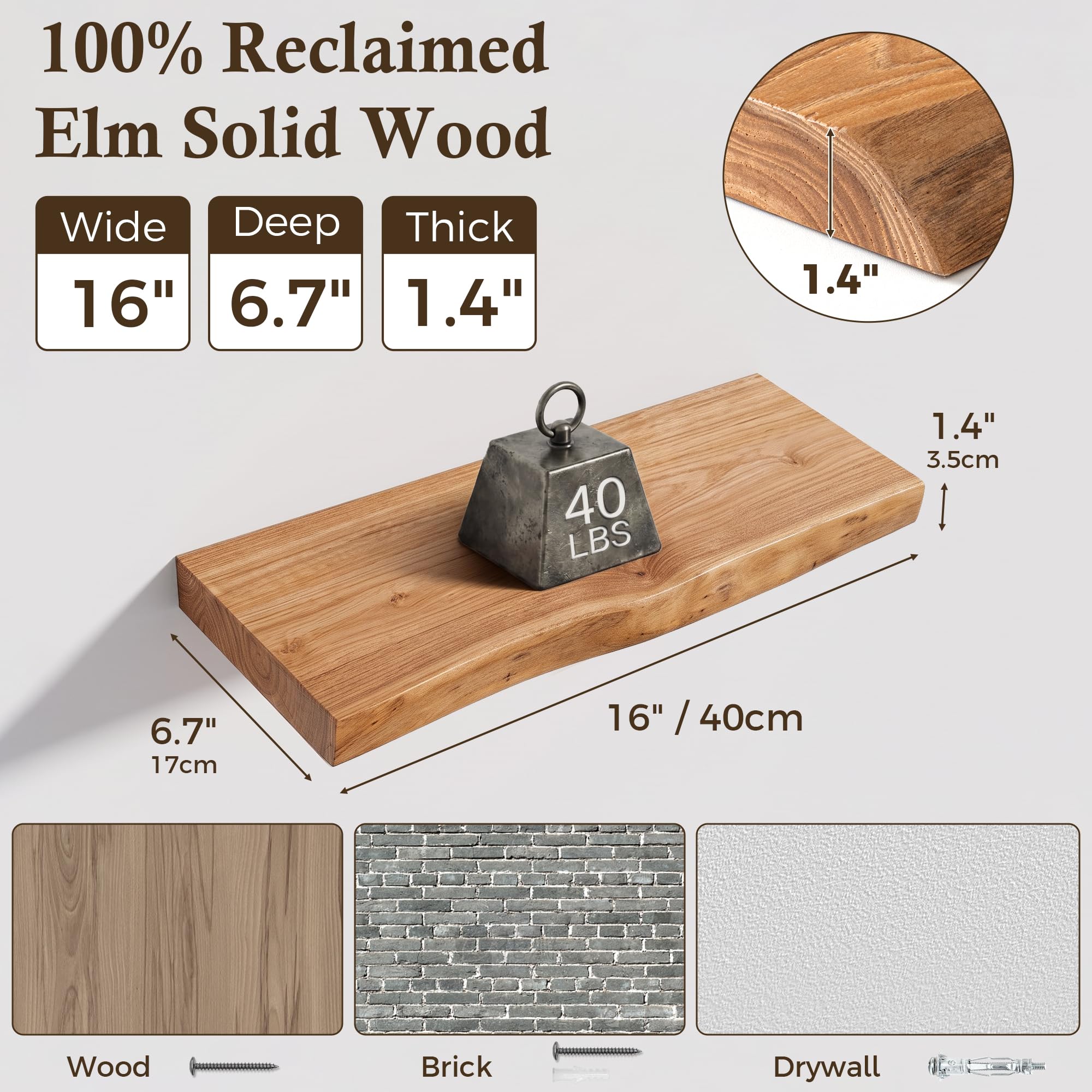 ELM - Estantes flotantes de madera, estante de pared de madera maciza con soporte invisible para sala de estar, dormitorio, baño, oficina, estantería rústica con grano natural, juego de 2 unidades, 40