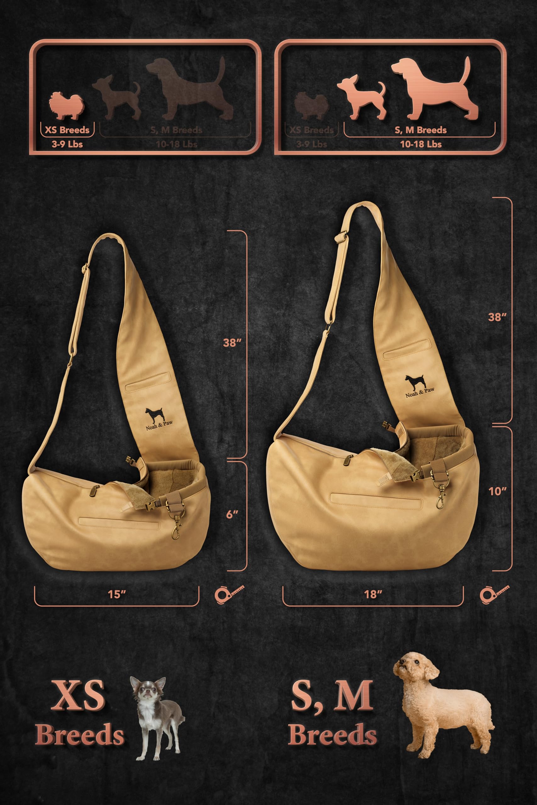 Noah & Paw Bandolera transportin Perro 2,2-8 kg, transportin Gato pequeño, Bolsa Transporte Ajustable para Mascotas, 3X función de Seguridad, Fabricado en Cuero Vegano.