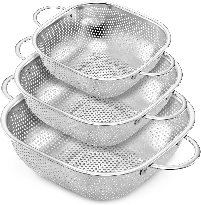 E-far Juego de 3 coladores de acero inoxidable, coladores y coladores cuadrados | Colador de cocina de metal con mango para escurrir pasta y verduras, pies microperforados y elevados, apto para lavavajillas (2.4/4/6QT)