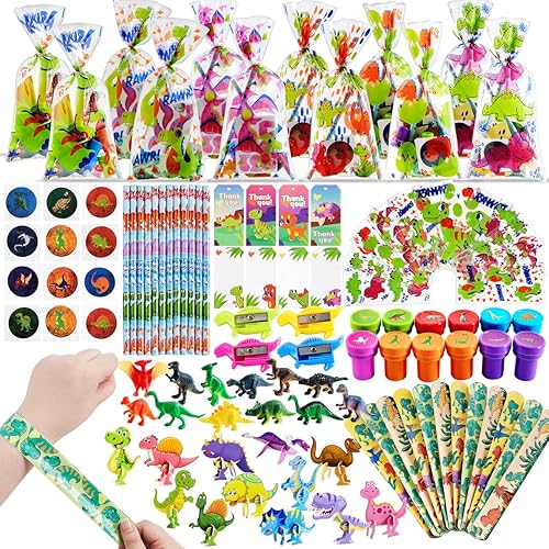 Juego de 112 recuerdos de fiesta de dinosaurios, bolsas de regalo con etiquetas de regalo de dinosaurio, relleno de sacapuntas con temática de