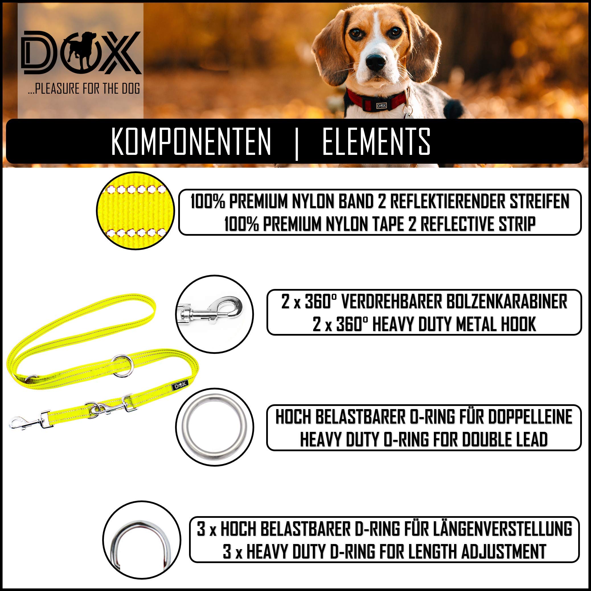 DDOXX Guinzaglio per Cani Nylon Riflettente, Regolabile con 3 Misure, 2 m | Tanti Colori e Taglie | Guinzaglio Doppio Cane Gatto Cucciolo Taglia Piccola Media Grande Piccoli Medi Grandi | S, Giallo