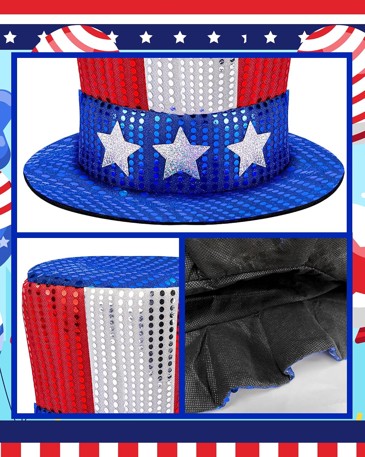 4th of July Hat Sequin Patriotic Hats American Flag Top Hat Men Women Patriotic USA 250th Anniversary Match Day Party, Independence Day image 4