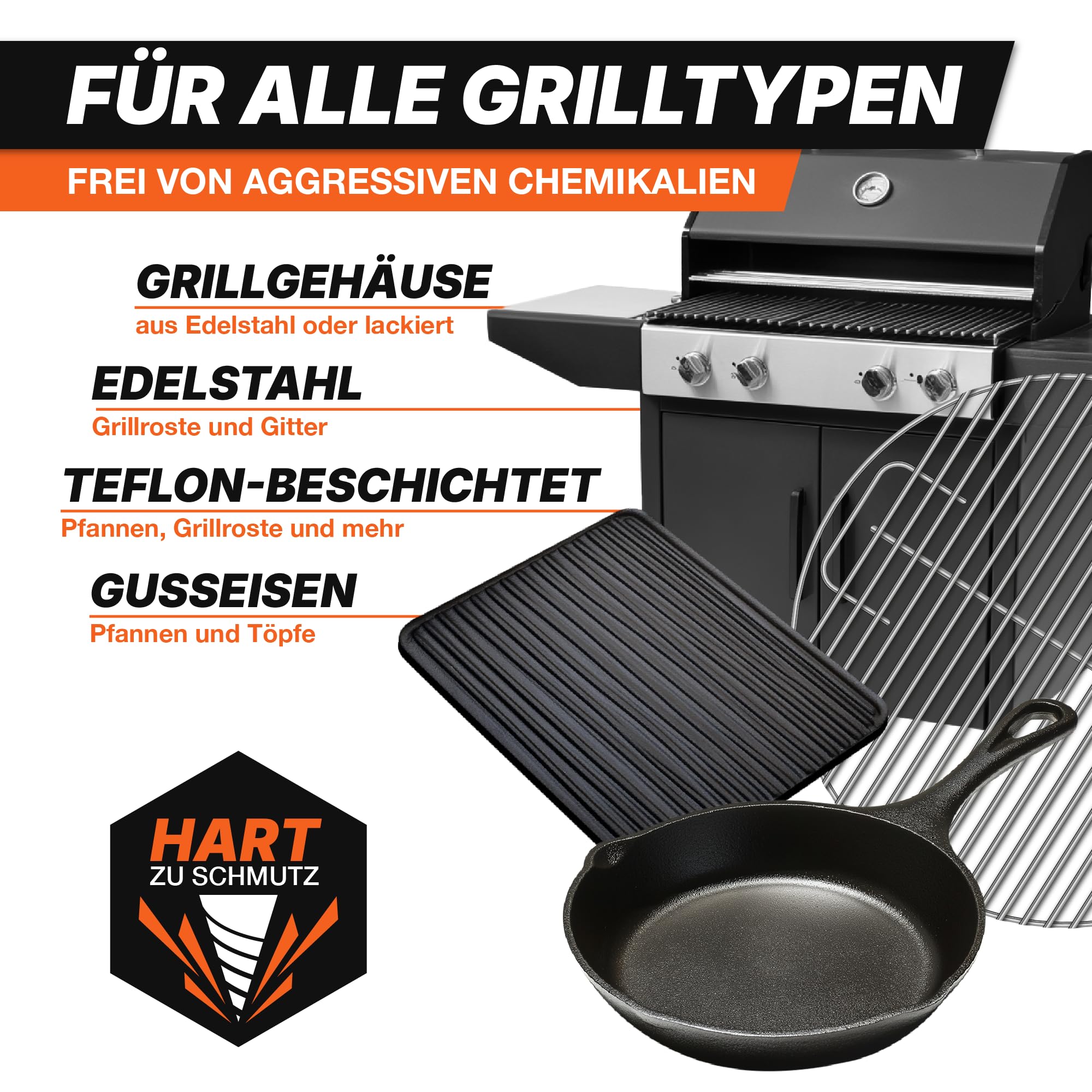 Grillreiniger Set 4-teilig: Grillrost-Reiniger 500 ml + Grillbürste + Mikrofasertuch & Schwamm - Zur effizienten Reinigung & Pflege von Grill, Grillrost