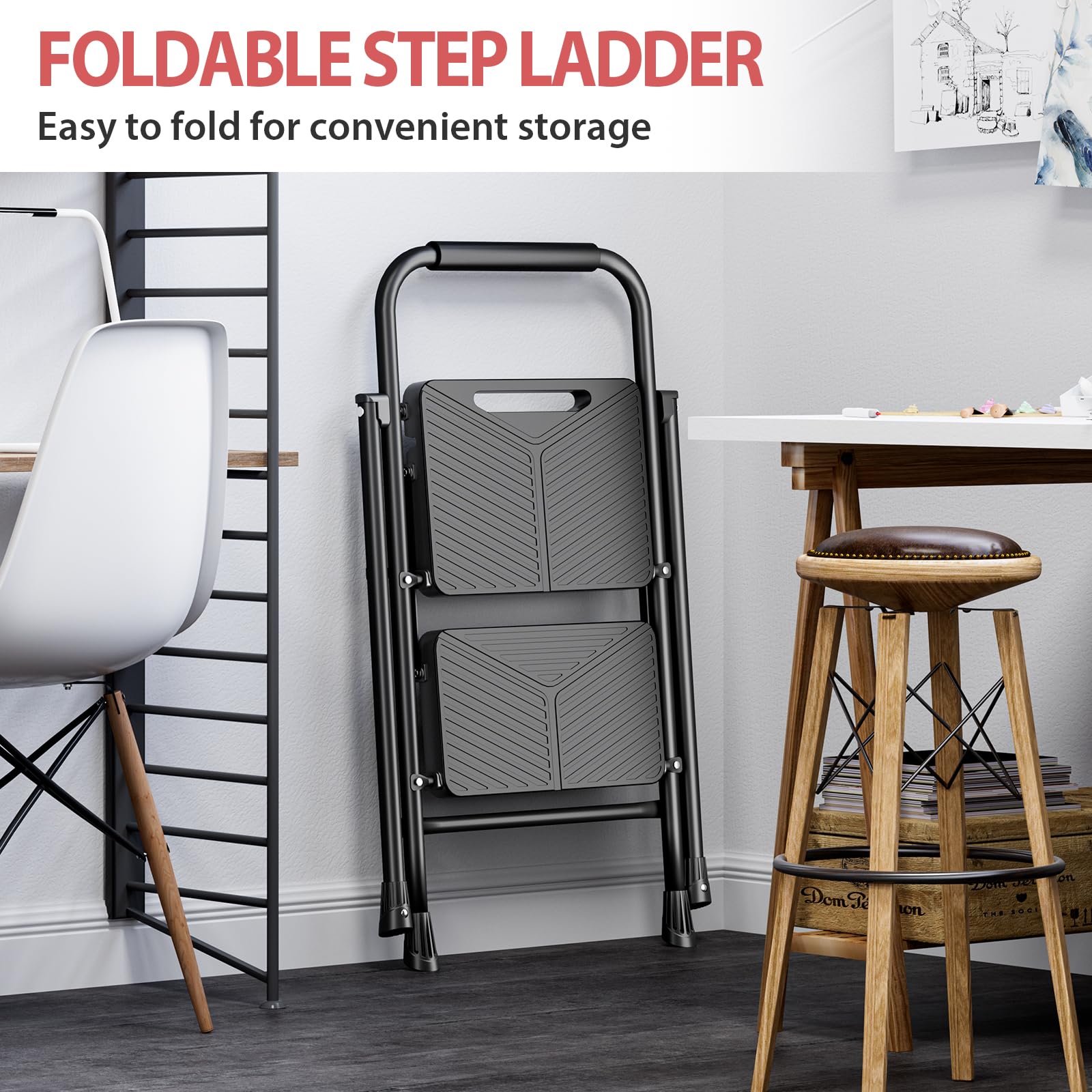 KINGRACK Escalera de 2 escalones, taburete plegable con diseño de bloqueo seguro, escalera de acero resistente de 500 libras con pedal antideslizante ancho, pasamanos conveniente para el hogar y la