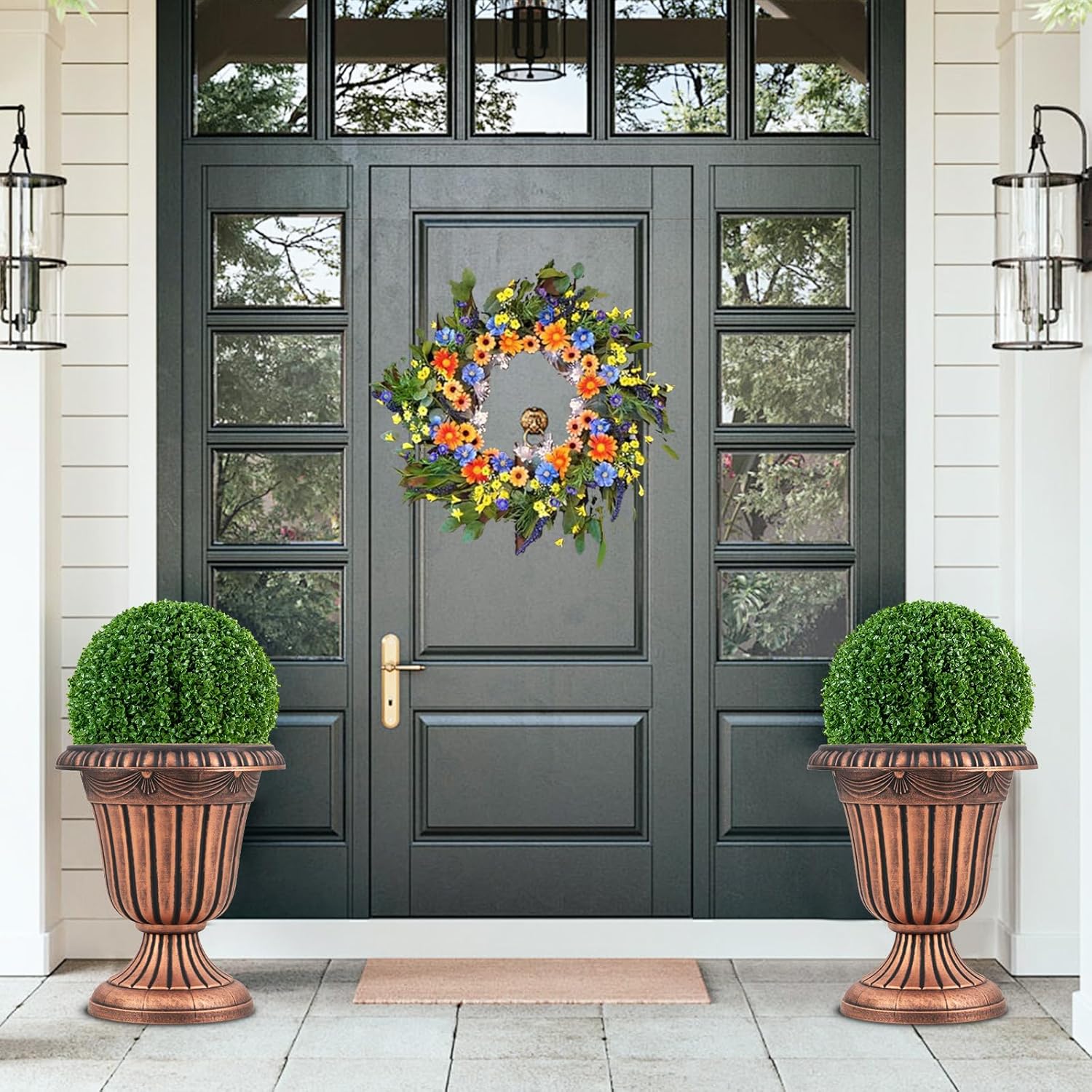 Giantex 18" Tall Vintage Planters Set of 2, Urn Plastic Flower Pots with/Pedestal Base & Pre-Marked Drain Hole, Indoor Outdoor Decorative Plant Containers for Front Porch Home Wedding, Bronze