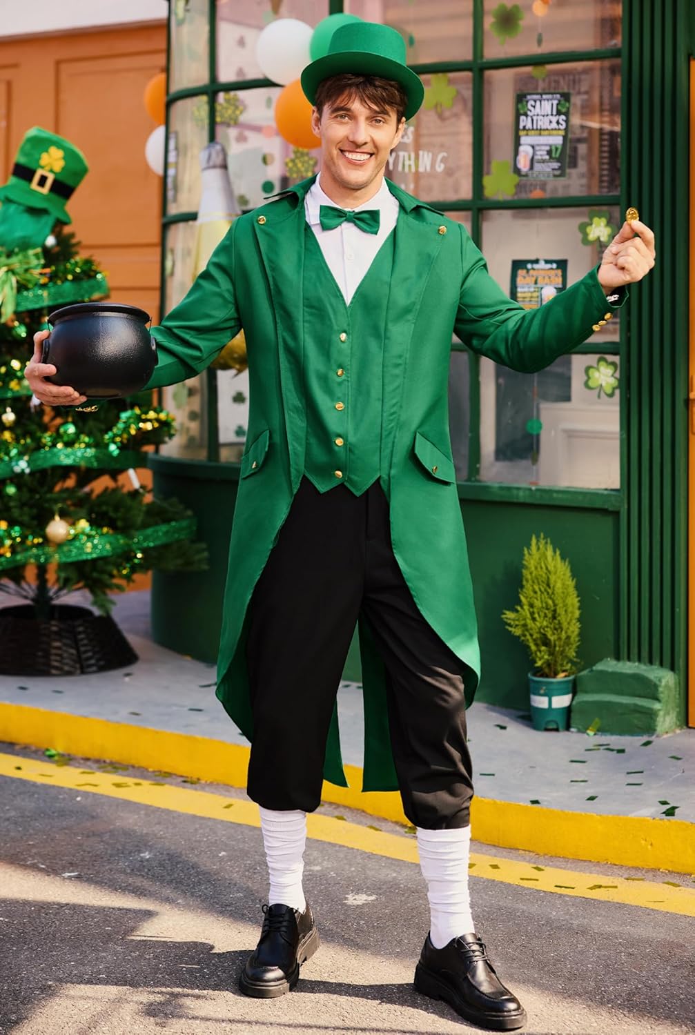 Arvilhill 3 Pcs Men's St. Patrick's Day Costume Leprechaun Outfit Steampunk Tailcoat Hat Bow Tie (S-3XL)