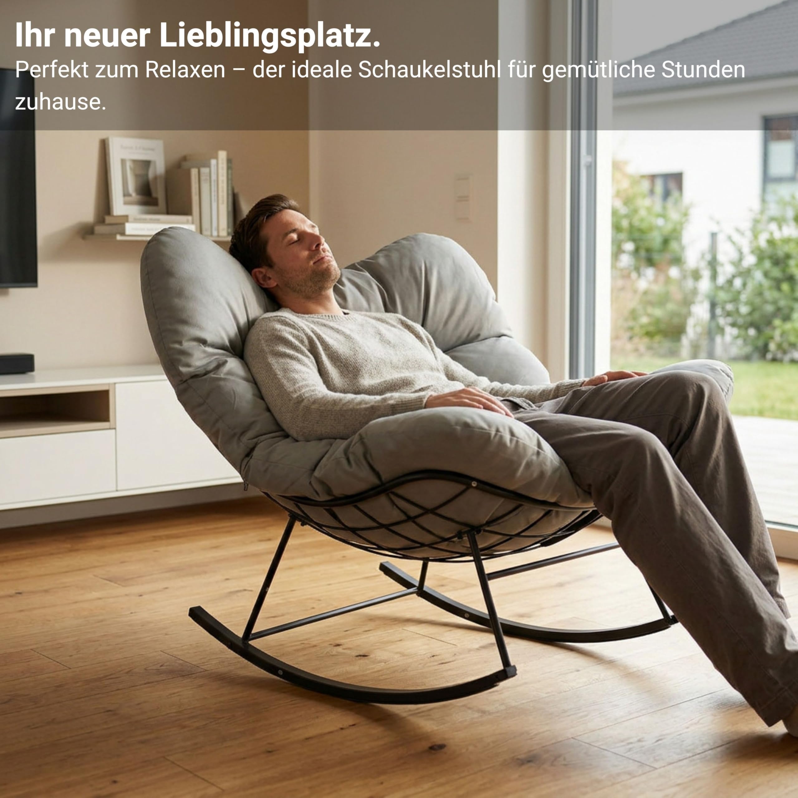 novaterra® Moderner Schaukelstuhl mit großem Komfort Kissen – ergonomischer Relax Schaukelstuhl hochwertig, gepolstert & ideal für den Garten, Lesen & Entspannen