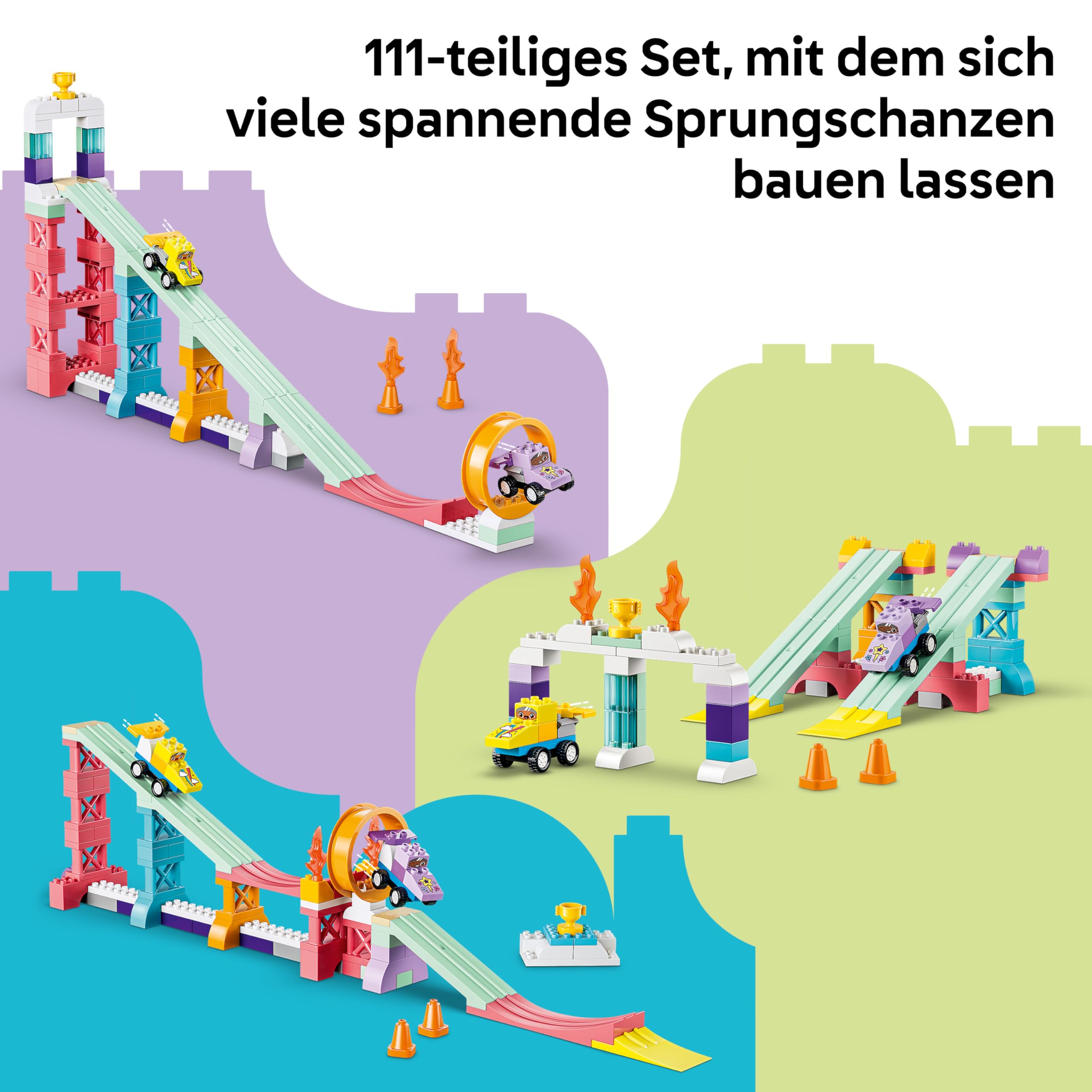 LEGO DUPLO Town Kreative Sprungschanzen mit kleinen Flitzern 3-in-1-Set - Lernspielzeug zur Motorik Förderung - Montessori Spielzeug mit 2 Rennwagen - Geschenk für Kleinkinder ab 3 Jahren - 10478