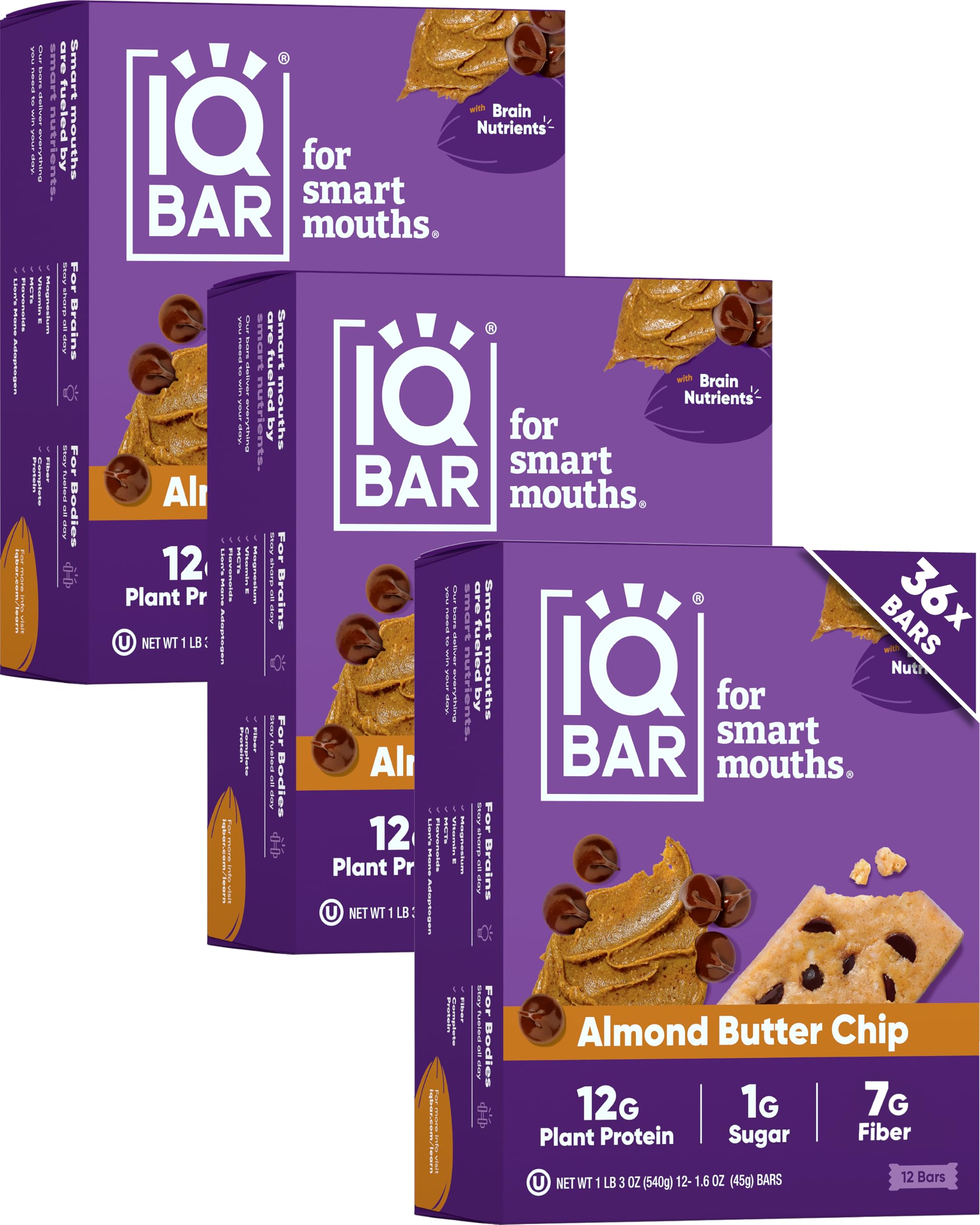 IQBAR Brain and Body Plant Protein Bars - Almond Butter Chip - 36-Count - Keto, Vegan, Low Carb, High Fiber, Gluten Free, Dairy Free, Low Sugar Snack with Nutrients for Focus, Energy, Meal Replacement