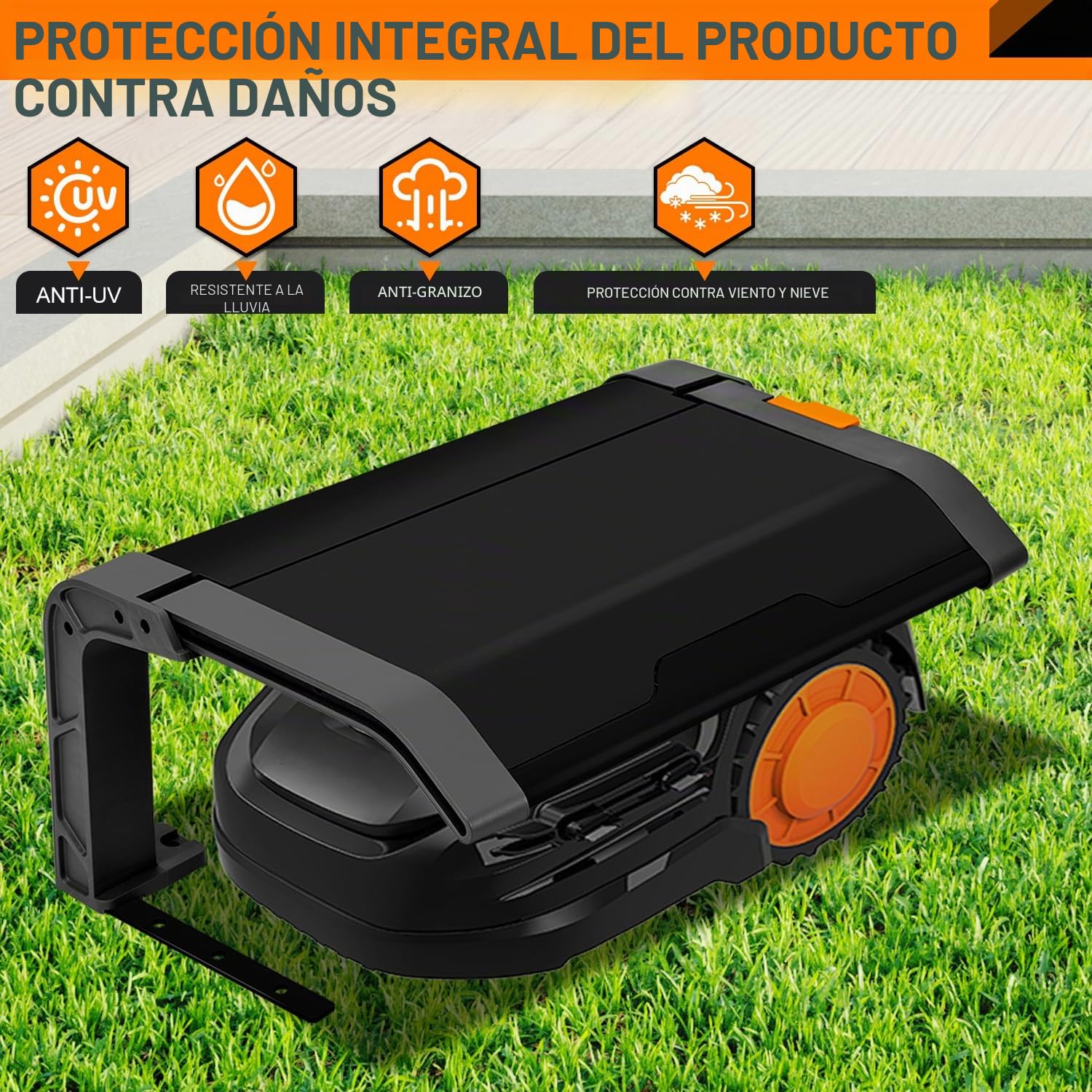 Herrselsam Cubierta protectora para robot cortacésped plegable, garaje con techo y protección UV, ideal contra lluvia y granizo, dimensiones 72 x 56 x 36 cm
