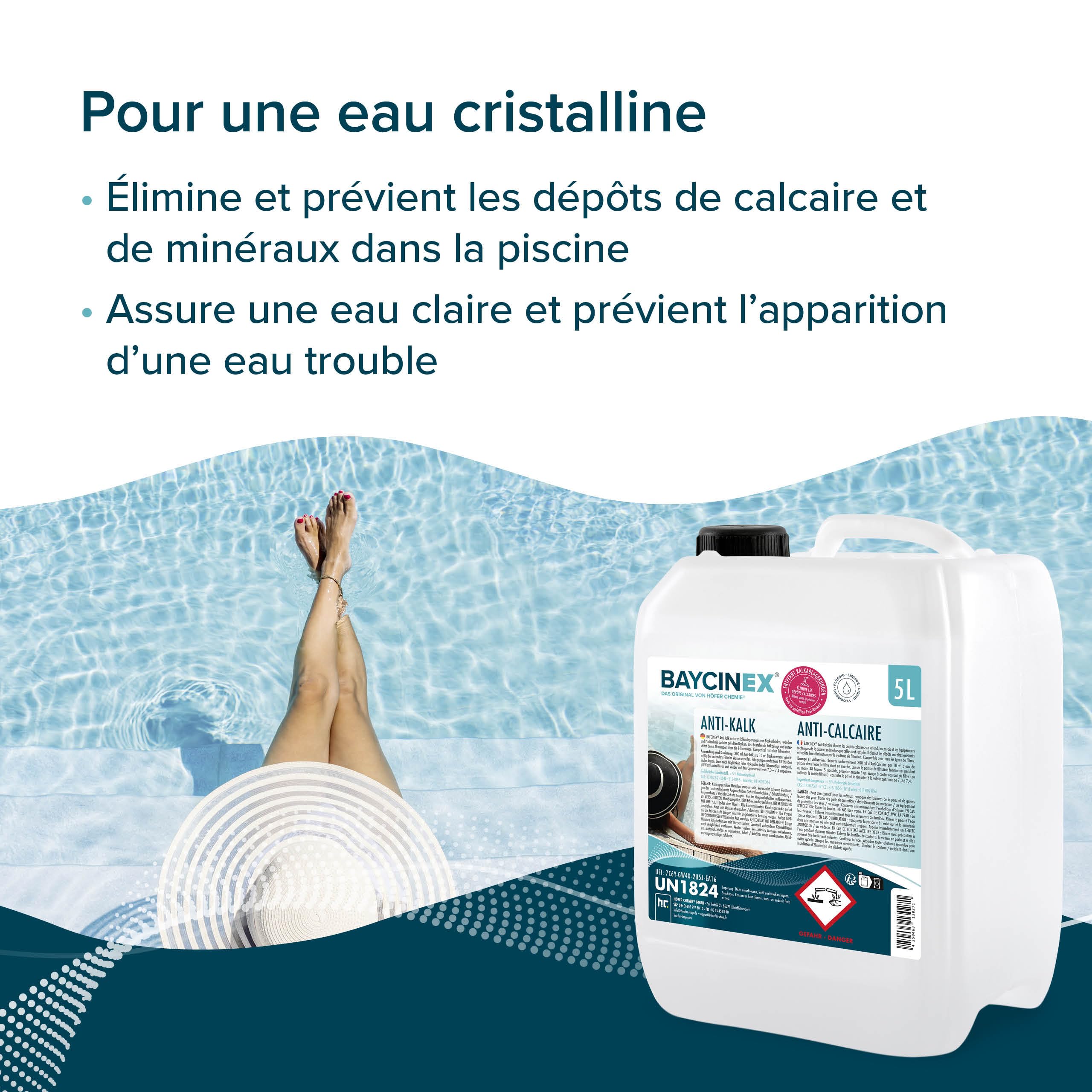 BAYCINEX® Anti-Calcaire Piscine 1 x 5 L – Détartrant Liquide – Élimine Dépôts Calcaires Fond, Parois & Équipements – Utilisable Bassin Rempli – Compatible Tous Filtres – 300 ml/10 m³