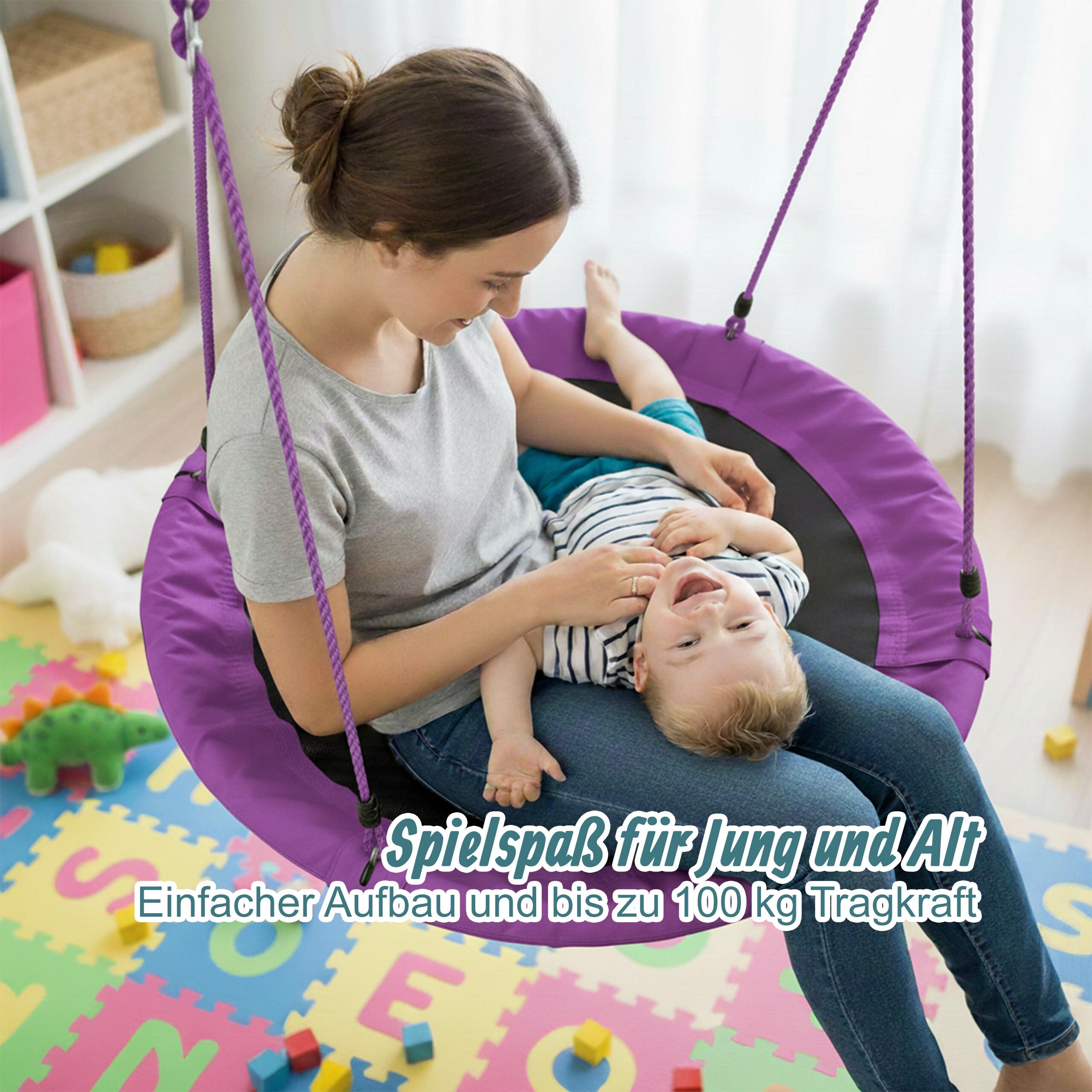 Relaxdays Unisex – Erwachsene, lila Nestschaukel, Outdoor Schaukel für Kinder & Erwachsene, Ø 110 cm, bis 100 kg, rund, Tellerschaukel, H x D: ca. 5 x 110 cm, Violett