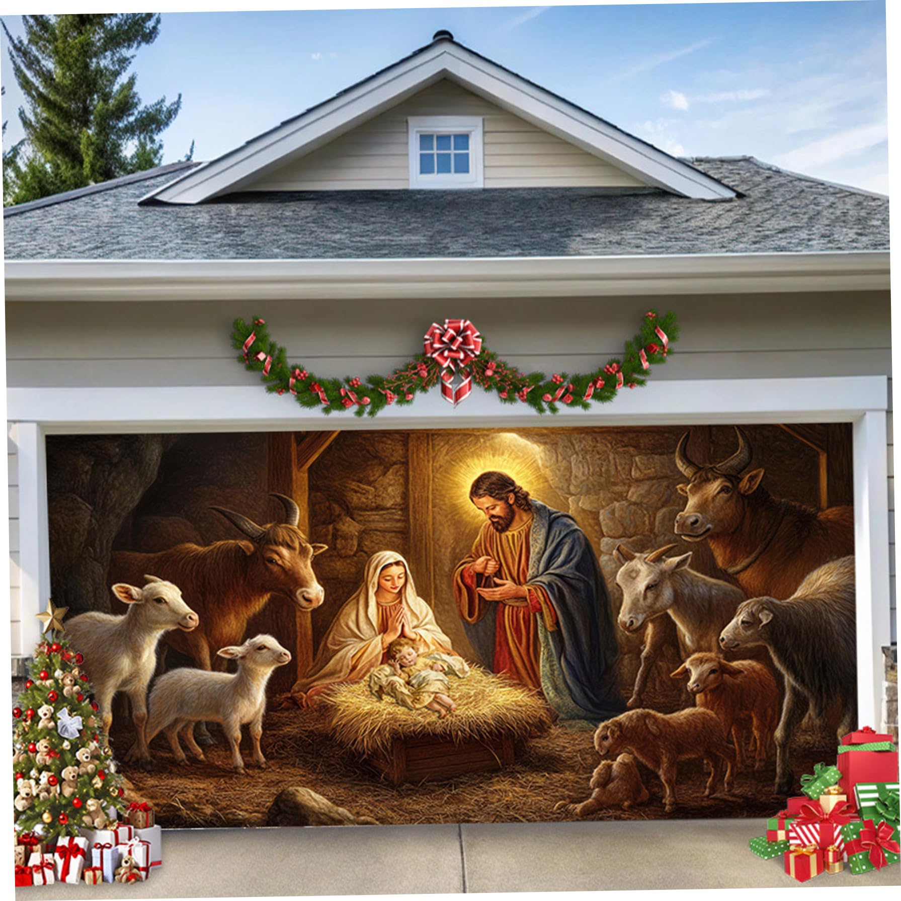 Couverture de porte de garage Noël Nativité 13x6 pieds pour grande décoration extérieure chrétienne