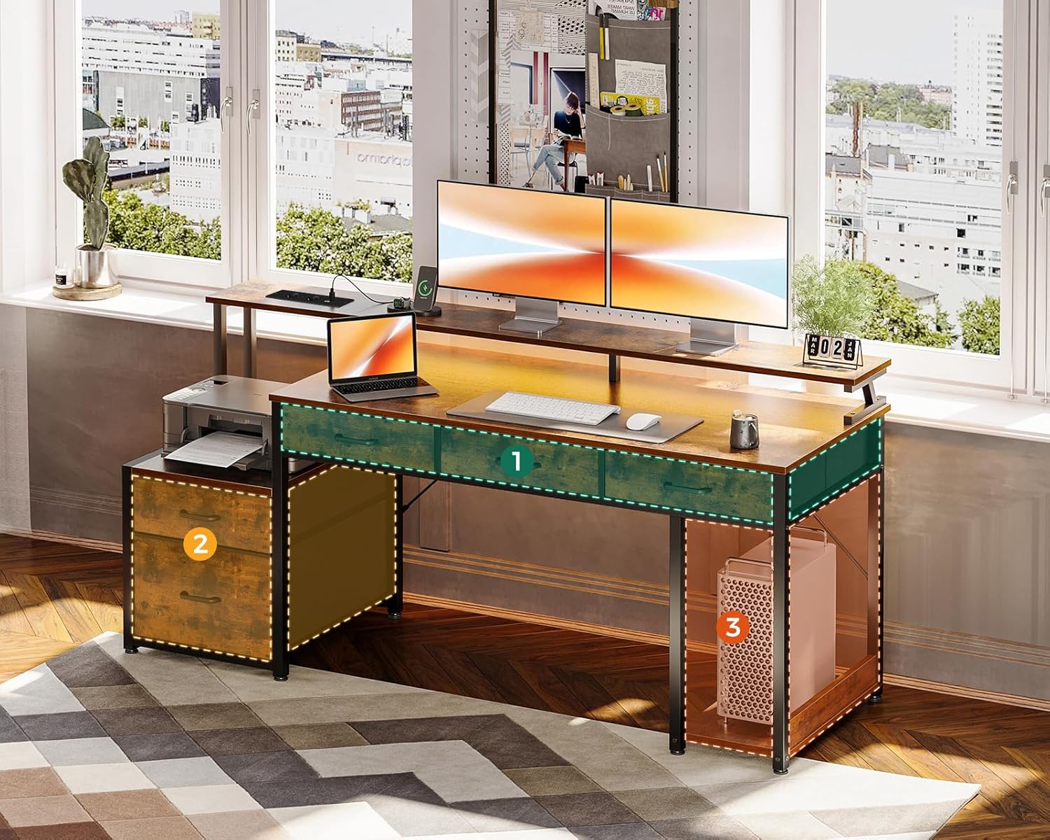 Diagram highlighting key features of the desk: 1. Fabric drawers, 2. Printer cabinet with file drawer, 3. CPU tower bay.