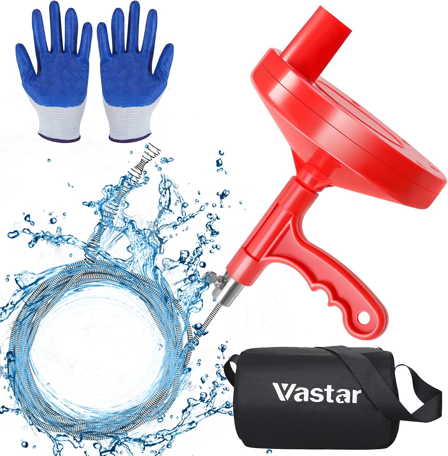 Plumbing Snake Drain Auger, Vastar 25 Feet Shower Clog Remover, Sink Drain Cleaner, Drain Unclogger for Hair Bathtub Drains Bathroom Kitchen Pipes & Sewers, with Gloves and Storage Bag