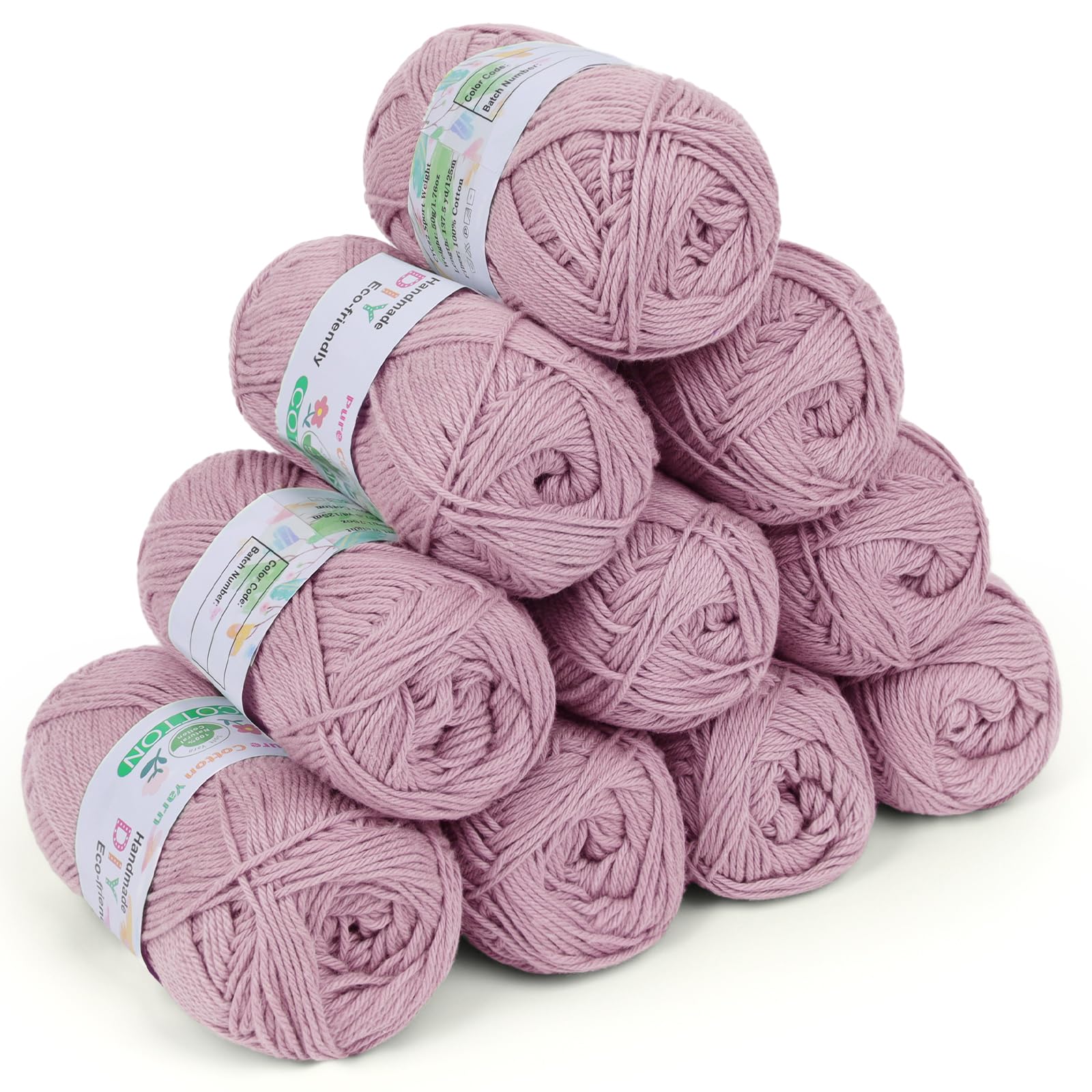 Coopay Wolle zum Häkeln, 100% Baumwolle zum Stricken, 10 x 50g Weiches Häkelgarn Baumwolle zum Häkeln, Babywolle Baumwollgarn für Pullover, Socken, Babydecke - Hellrosa