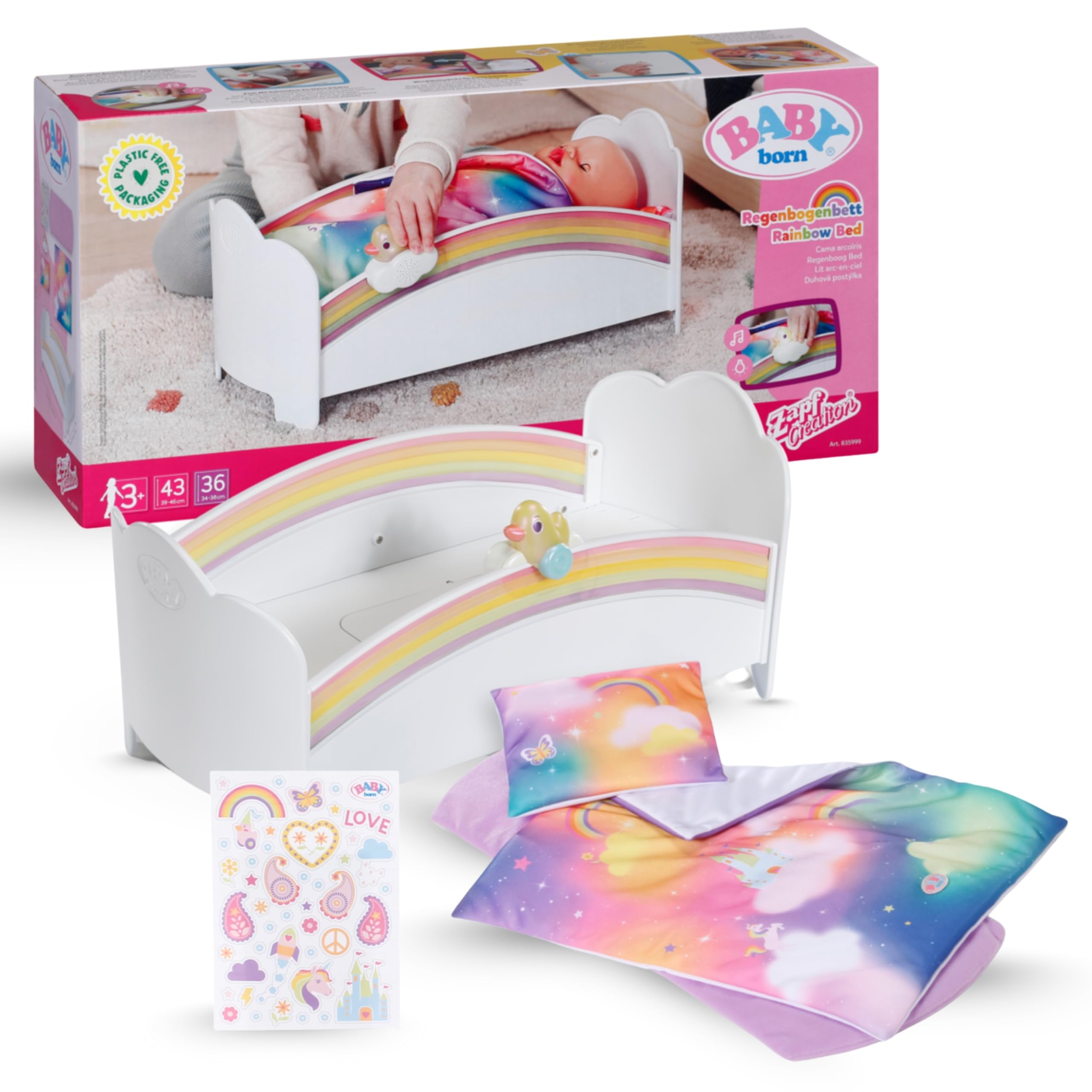 BABY Born Regenbogenbett - Puppenbett mit Regenbogenlicht & beruhigender Einschlafmelodie - Hochwertiges Puppen Zubehör inkl. Wendebettwäsche & Stickern - Geeignet für Kinder ab 3 Jahren