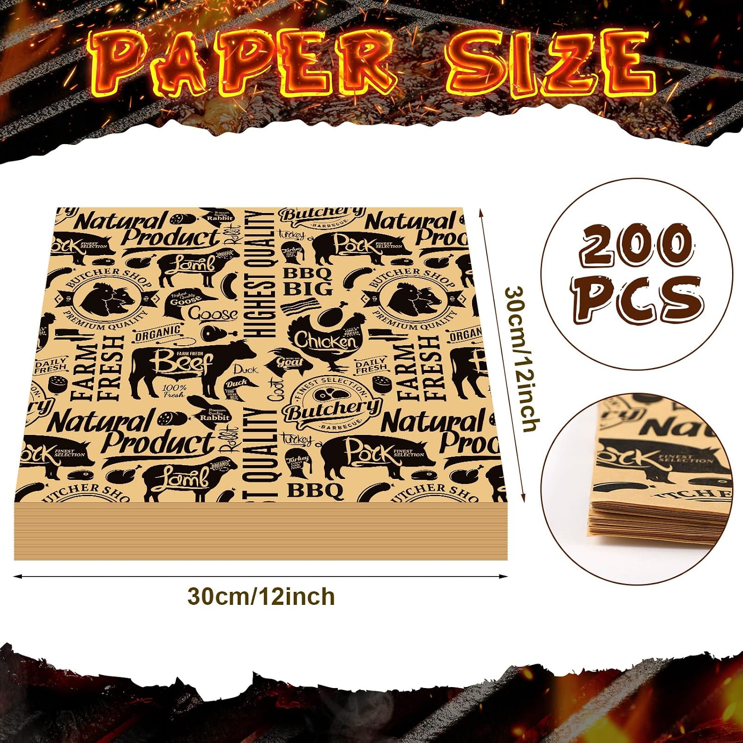 Outus 200 Pcs Butcher Paper Sheets 12 X 12 Inch Unbleached for BBQ Meats