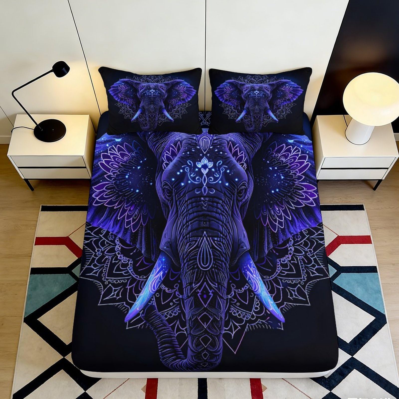 3D Printed Mandala Elephant Fitted Sheet Microfiber Non-Slip Deep Pocket Bedroom Bedding Mandala Elephant Mattress Fitted Cover Washable 180x200x25cm