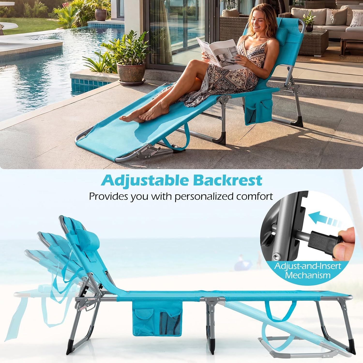 GYMAX Tanning Chair with Face Hole, Sun Bathing Lounge Chairs for Outside with Side Pocket, Folding Portable Face Down Layout Tanning Chair Beach, Backyard, Poolside, Lawn (Turquoise,1)