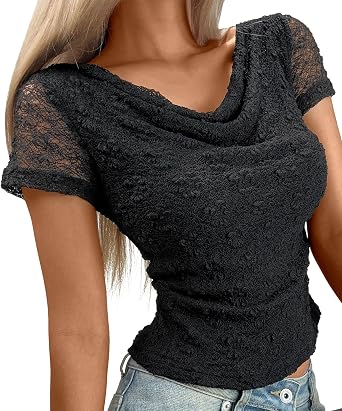 Womens Vintage Y2K Sheer Lace Tops - Ruched Mesh Shirts, Slim Fitted Short Sleeve Crop Tops