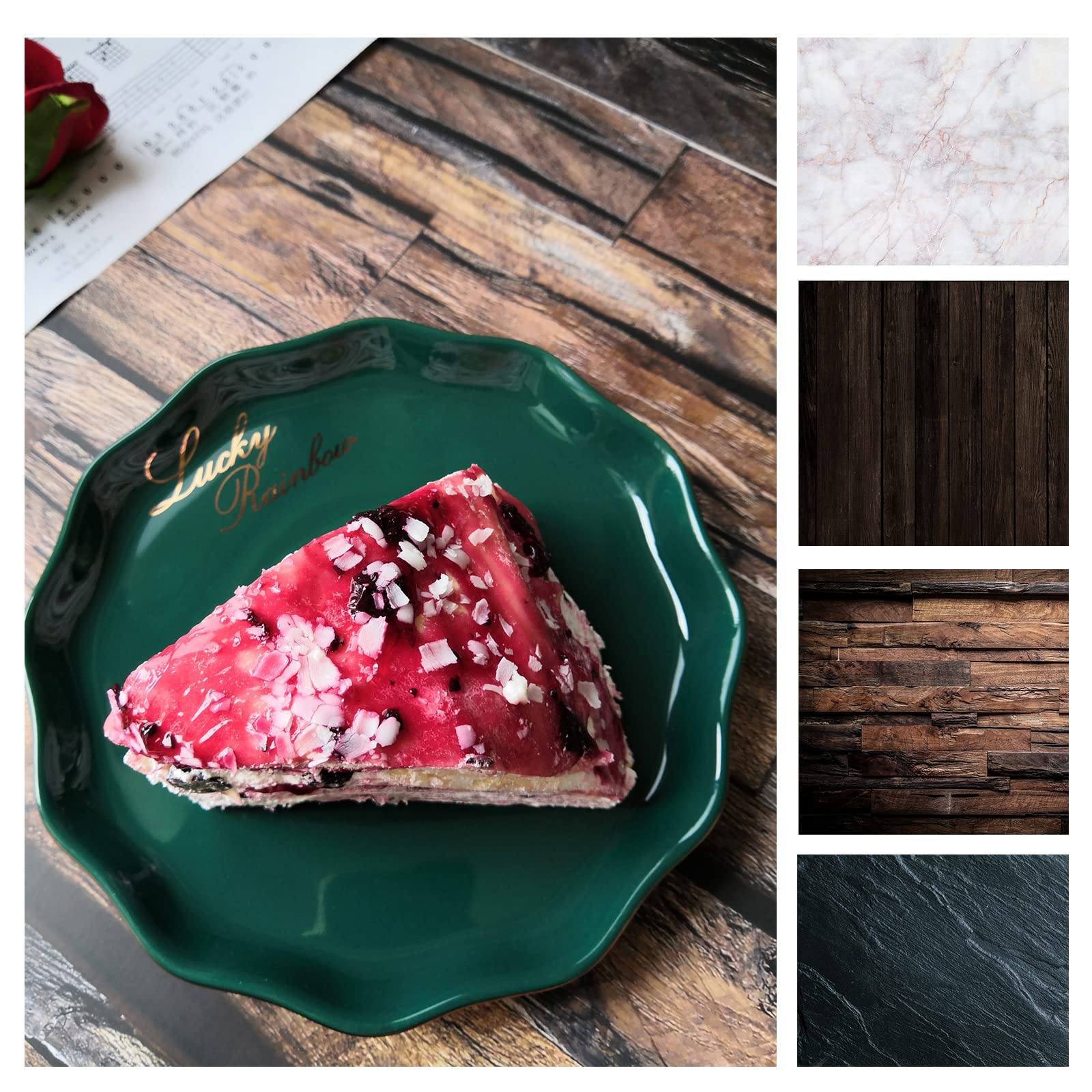 Food Photography Backdrop Paper 2 Pcs Kit 21x33 inch Wood Marble Flat Lay Photo Background Retro Double Sided for Tabletop Product Blog Pictures Props Jewelry 4 Patterns