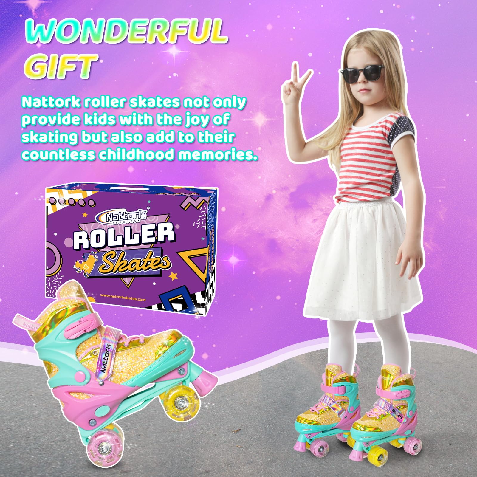 Nattork Patines de ruedas para niñas y niños, 4 tamaños ajustables, patines para niñas de 3 a 12 años con ruedas iluminadas y protección de seguridad, regalo de cumpleaños genial para deportes en