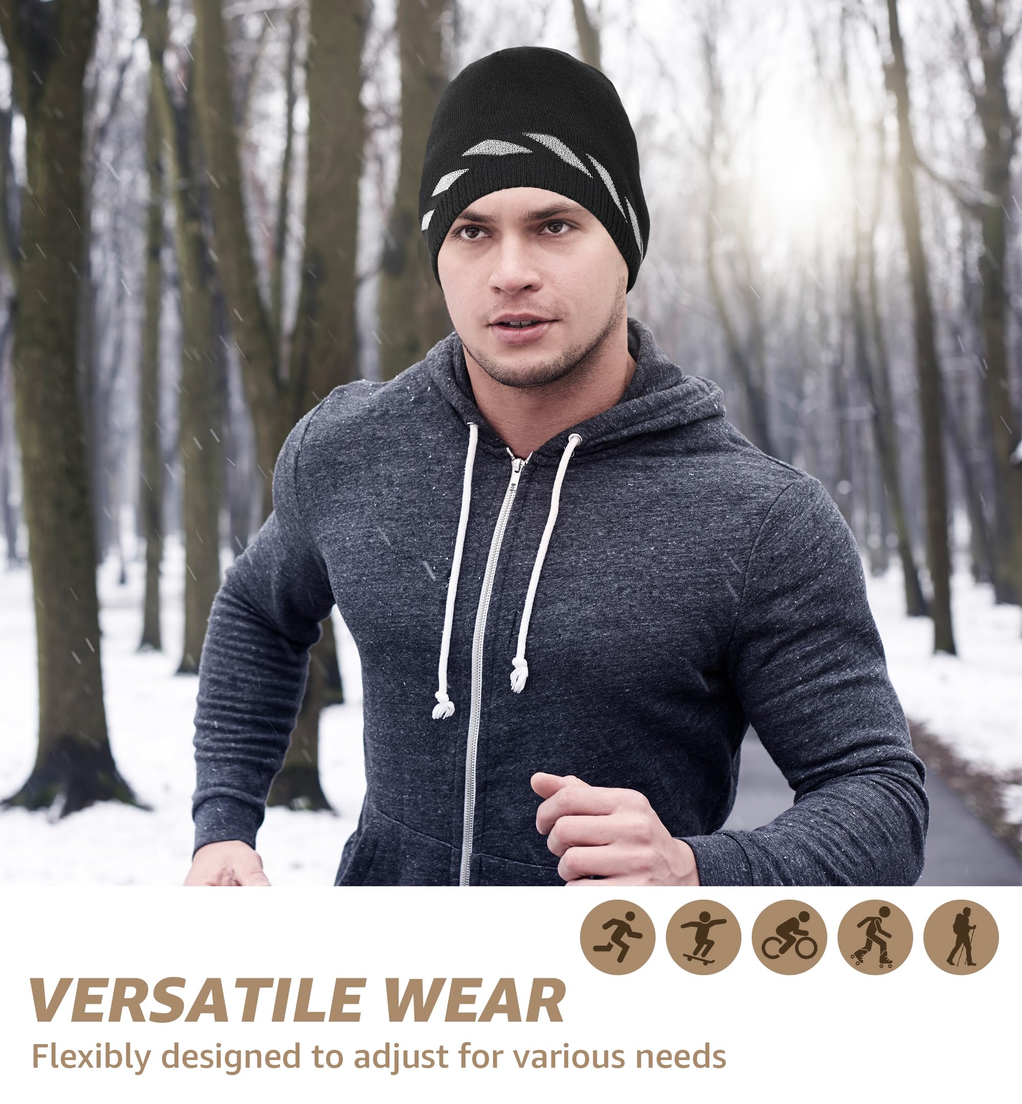 HiRui Gorros de invierno para hombres y mujeres, gorros de lana de punto con calavera, rayas reflectantes
