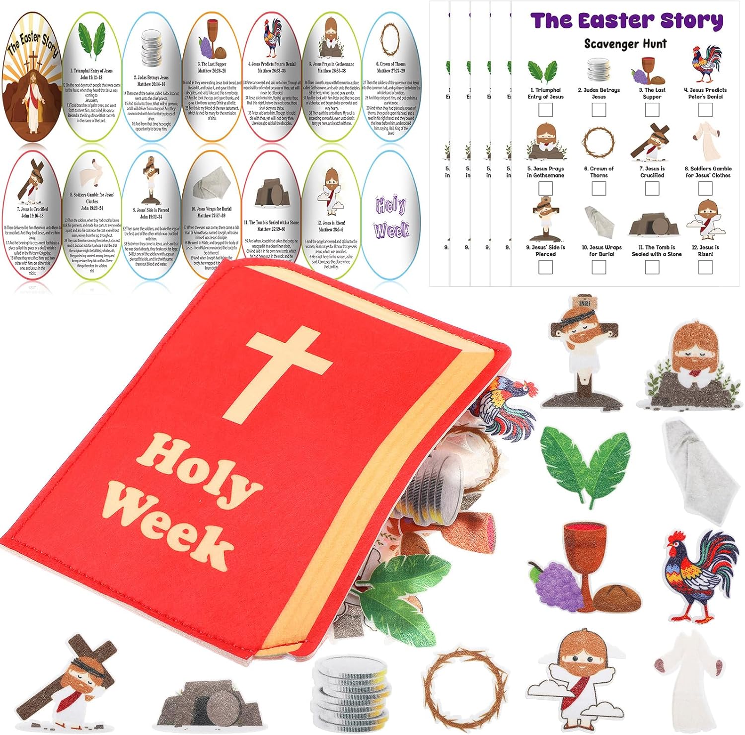 Easter Scavenger Hunt Game with 60 Felts Figures 15 Easter Story Cards 15 Scavenger Hunt Cards Religious Christian Bible Game for Sunday School Classroom Activities Basket Stuffers