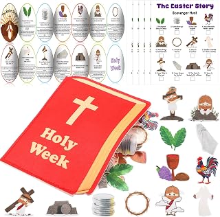 Easter Scavenger Hunt Game with 15 Easter Story Cards 60 Felt Pieces 15 Scavenger Hunt Cards Religious Christian Bible Game for Sunday School Basket Stuffers