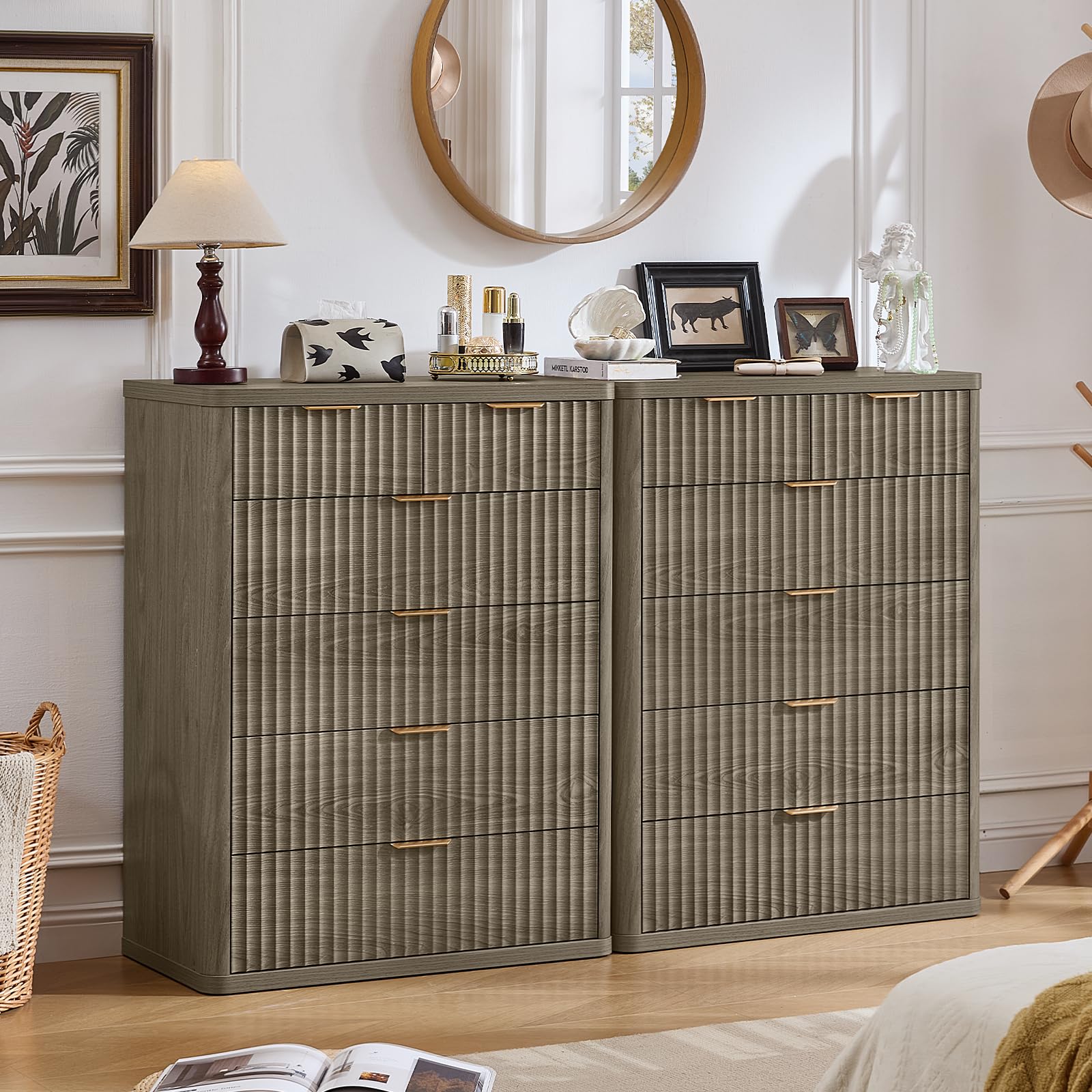 LEYAOYAO Fluted 6 Drawers Dresser for Bedroom Set of 2, 42" Tall Modern Chest of Drawers with Metal Handle, Curved Profile Design,Grey Wood Drawer Organizer for Bedroom, Living Room, Hallway