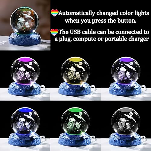 Vista 5 de Figura de bola de cristal 3D de medusa y luna de 2.36 pulgadas, regalos para mujeres, arte de animales de vidrio para habitación con base de luz