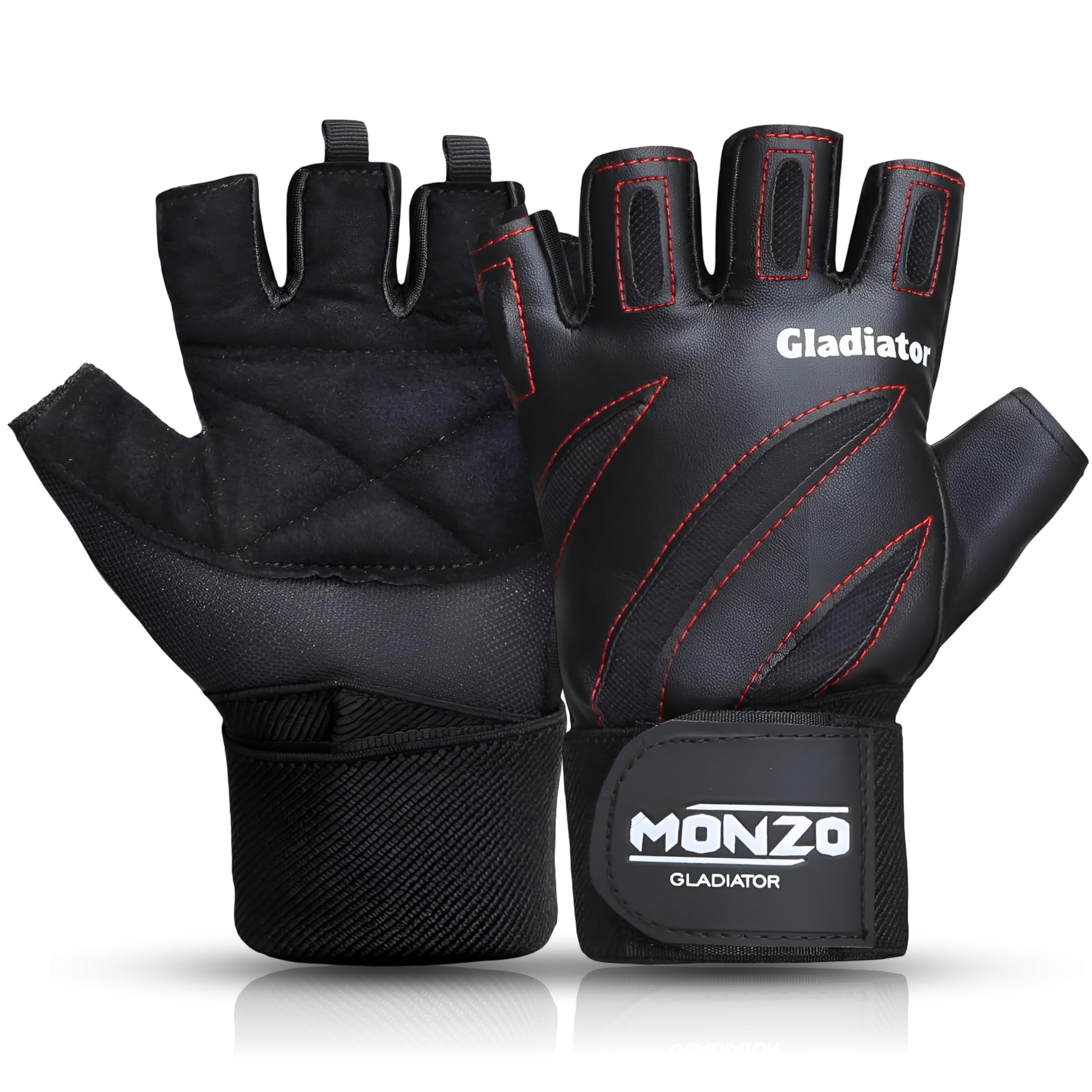 monzo Gym Gloves Men & Women with Half Finger Length and Wrist Support for Gym Workout, Weightlifting, Sports and Exercise. Gladiator-Free Size Leather & Micro Nylon Mesh, Black.-picture-21