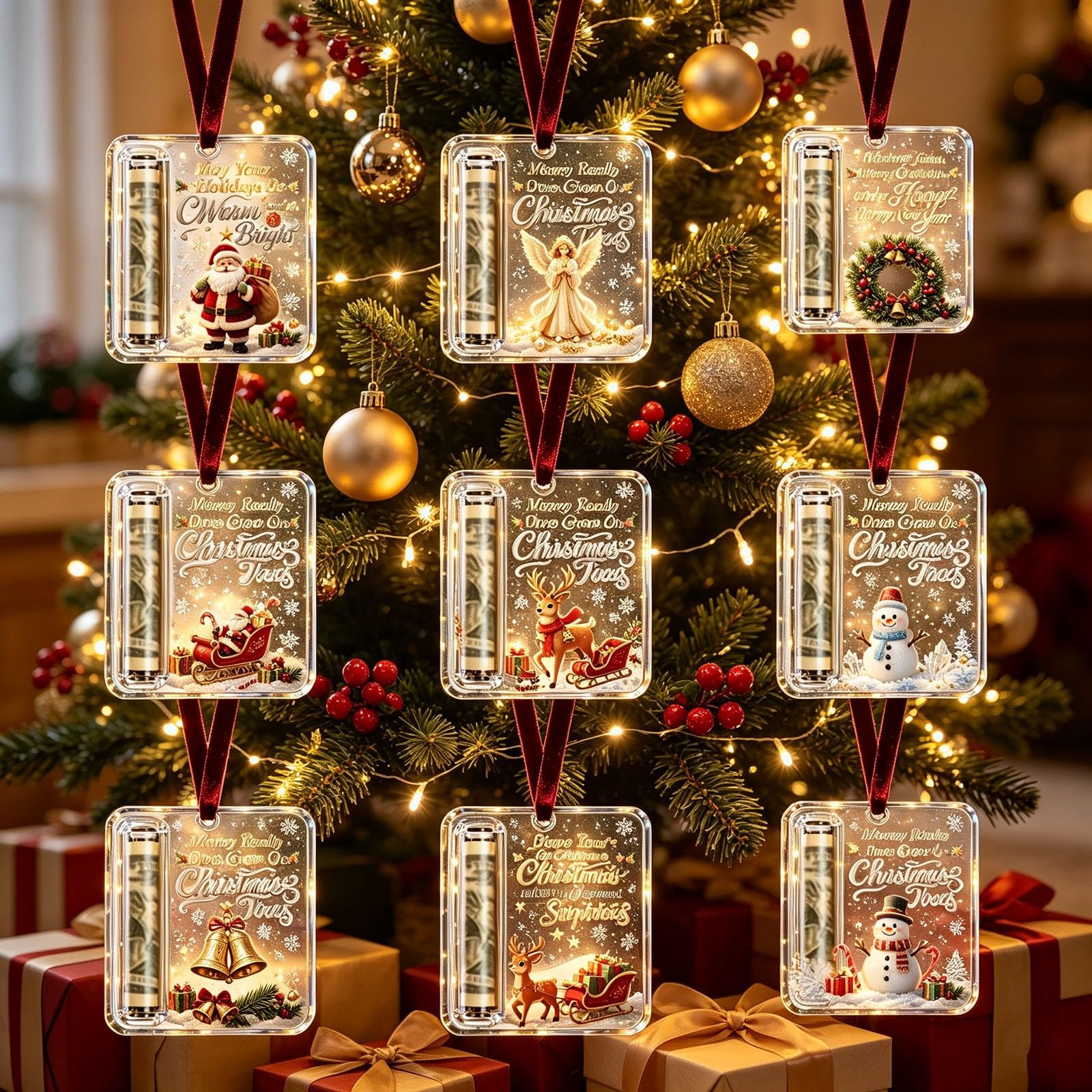 9Pcs Christmas Cash Gift Holder Ornament, Funny Hanging Xmas Tree Decor, #E